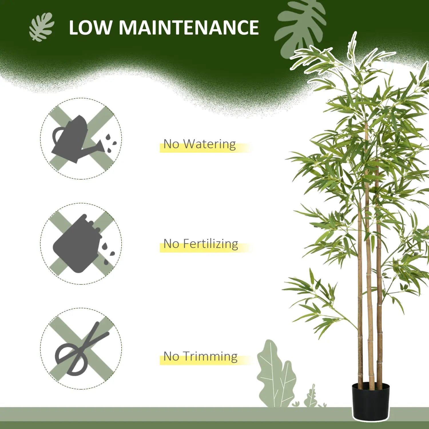 Árbol artificial de bambú de 6 pies con hojas verdes y tallos marrones en una maceta negra para uso en interiores.