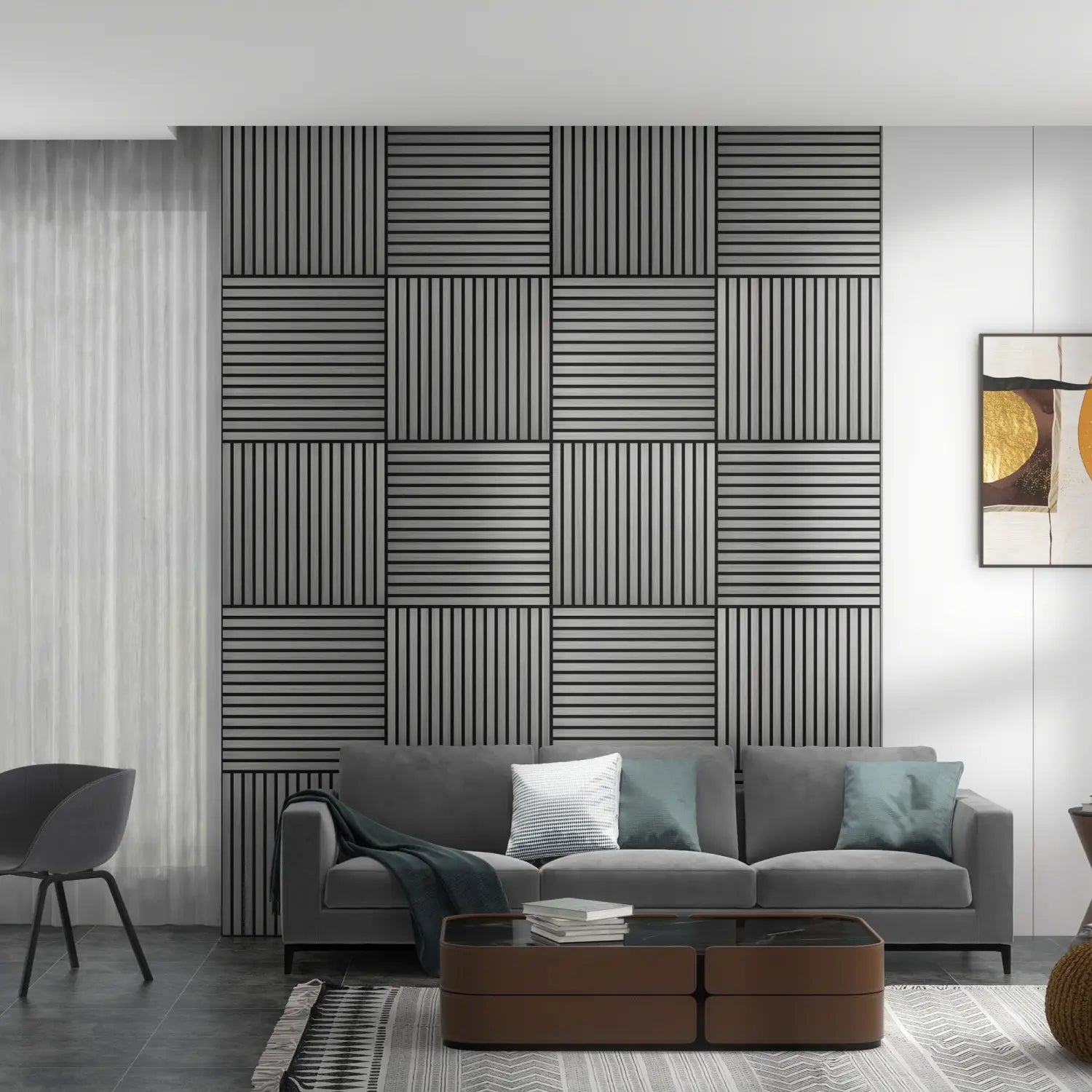 Paneles de pared acústicos modernos de madera con lamas a rayas negras y grises, con diseño geométrico en retícula, en un set de 4 piezas de 24x24 en color gris.