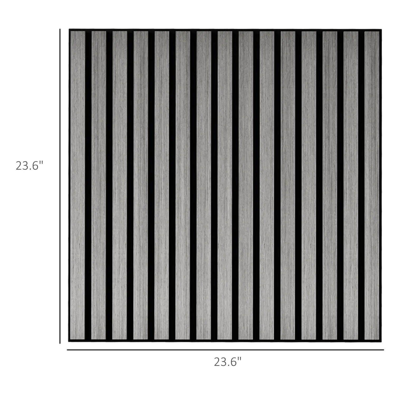 Paneles de pared acústicos de madera con lamas de 24x24, set de 4 piezas en color gris, con baldosas tipo plataforma con textura de vetas de madera en gris y separadores verticales negros.