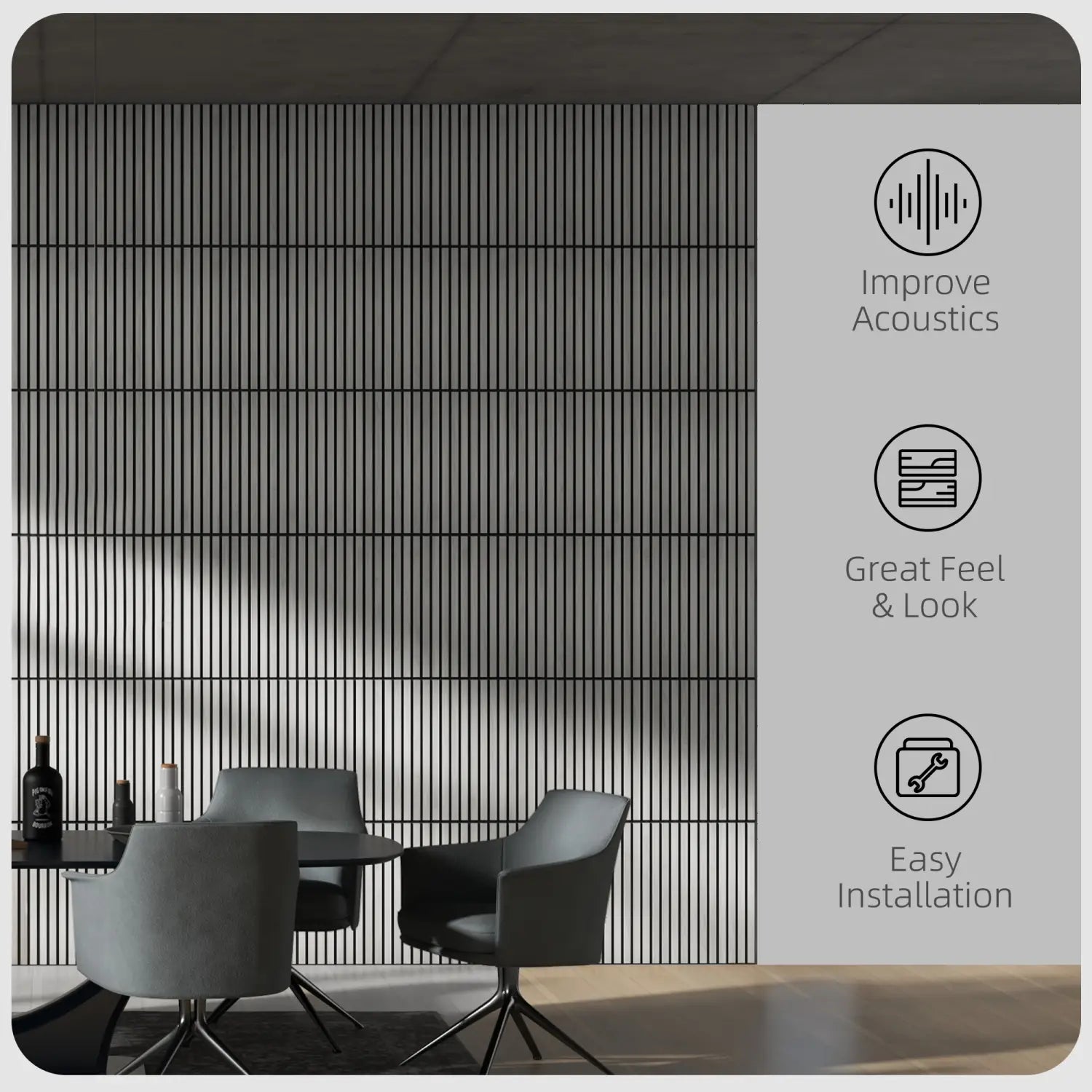 Paneles de pared acústicos de madera con lamas verticales negras en color gris, con un diseño moderno y elegante para la absorción del sonido, set de 4 piezas de 24x24 pulgadas