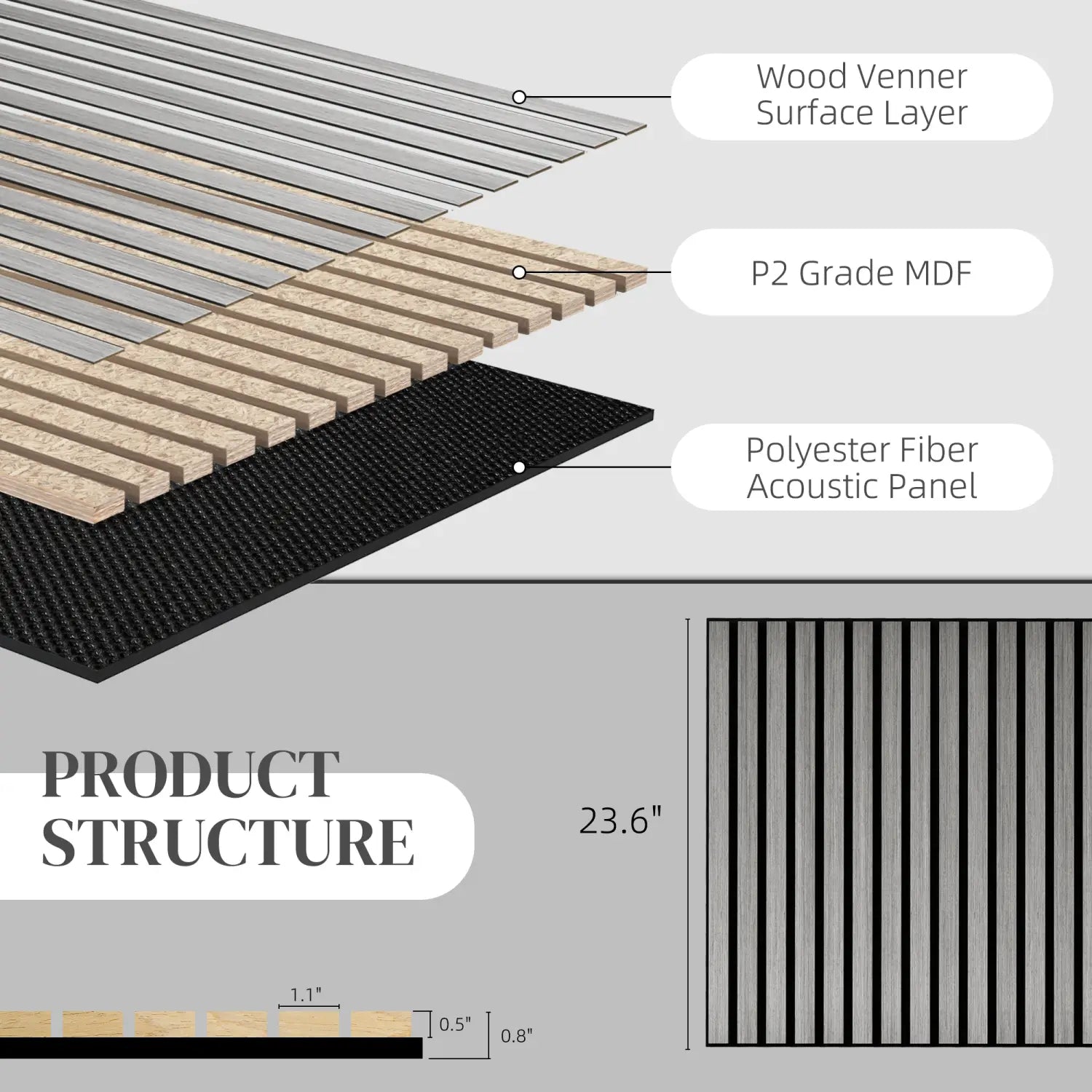 Paneles de pared acústicos de lamas de madera con capa superior de chapa de madera gris de 24x24, con núcleo de MDF de grado P2 y respaldo acústico de fibra de poliéster, en un set de 4 piezas.