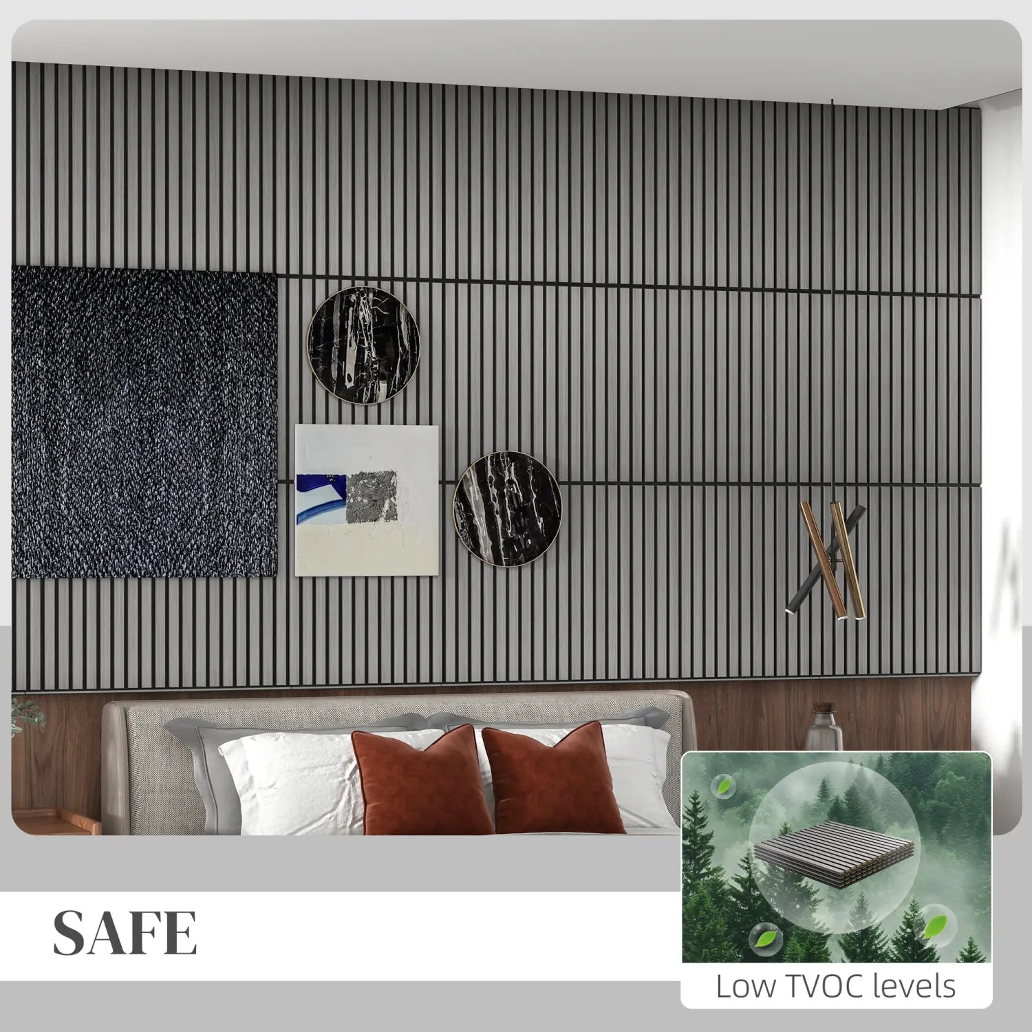 Panel de pared acústico de madera con lamas negras, con diseño vertical en un estilo moderno minimalista para la absorción del sonido y la decoración.