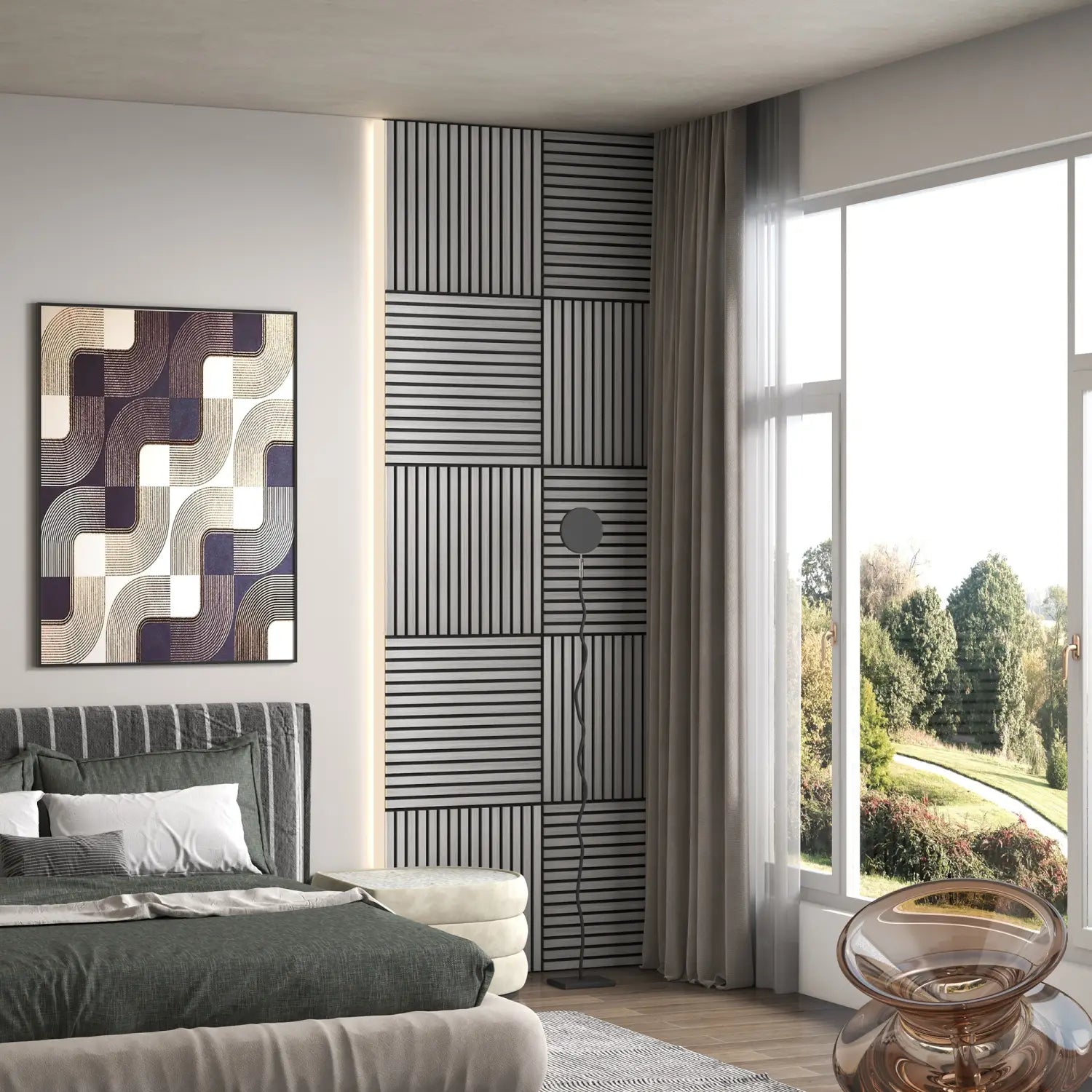 Panel de pared acústico moderno de lamas de madera con geometría, con franjas verticales en blanco y negro dispuestas en un patrón de retícula, set de 4 piezas de 24x24 en color gris