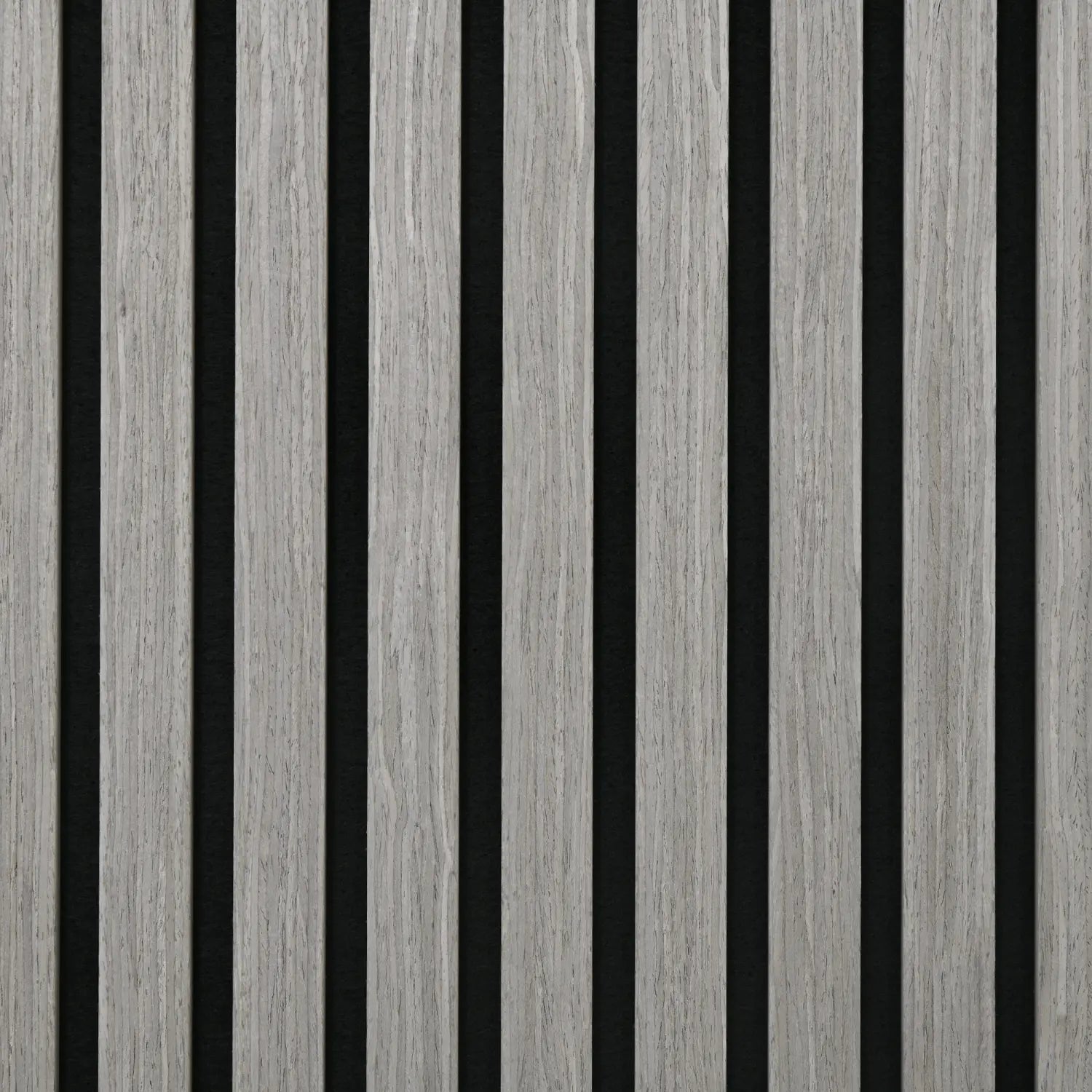 Paneles de pared acústicos de madera con lamas de 24x24, set de 4 piezas en color gris, con lamas con vetas de madera grises y separadores verticales negros