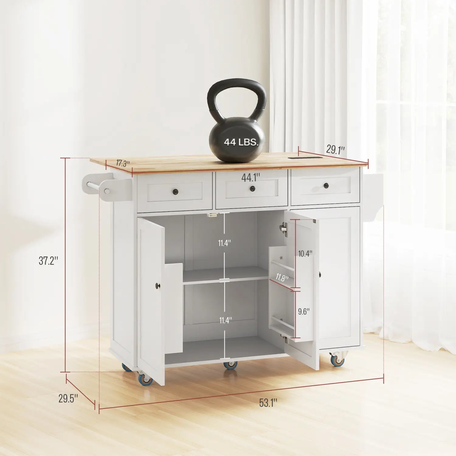 White kitchen island cart with light wood countertop three drawers and two open side cabinets with shelving featuring a drop leaf and built-in charging station
