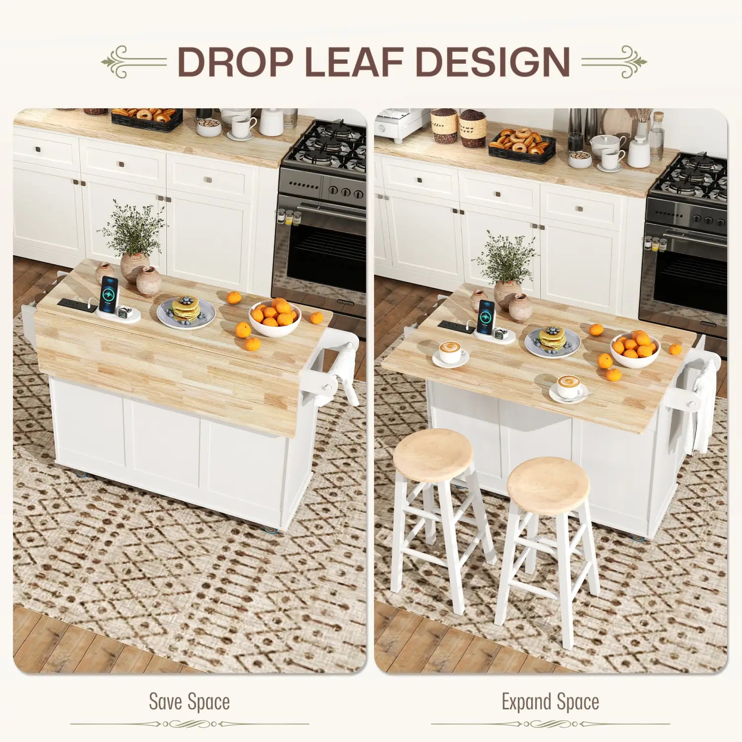 White drop-leaf kitchen island with light wood countertop and white cabinet doors featuring a charging station for convenient kitchen use
