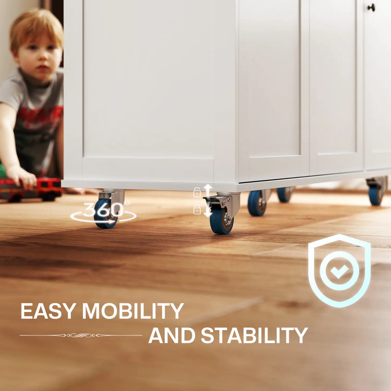 white kitchen island cabinet with drop leaf and built-in charging station featuring blue casters for mobility and stability