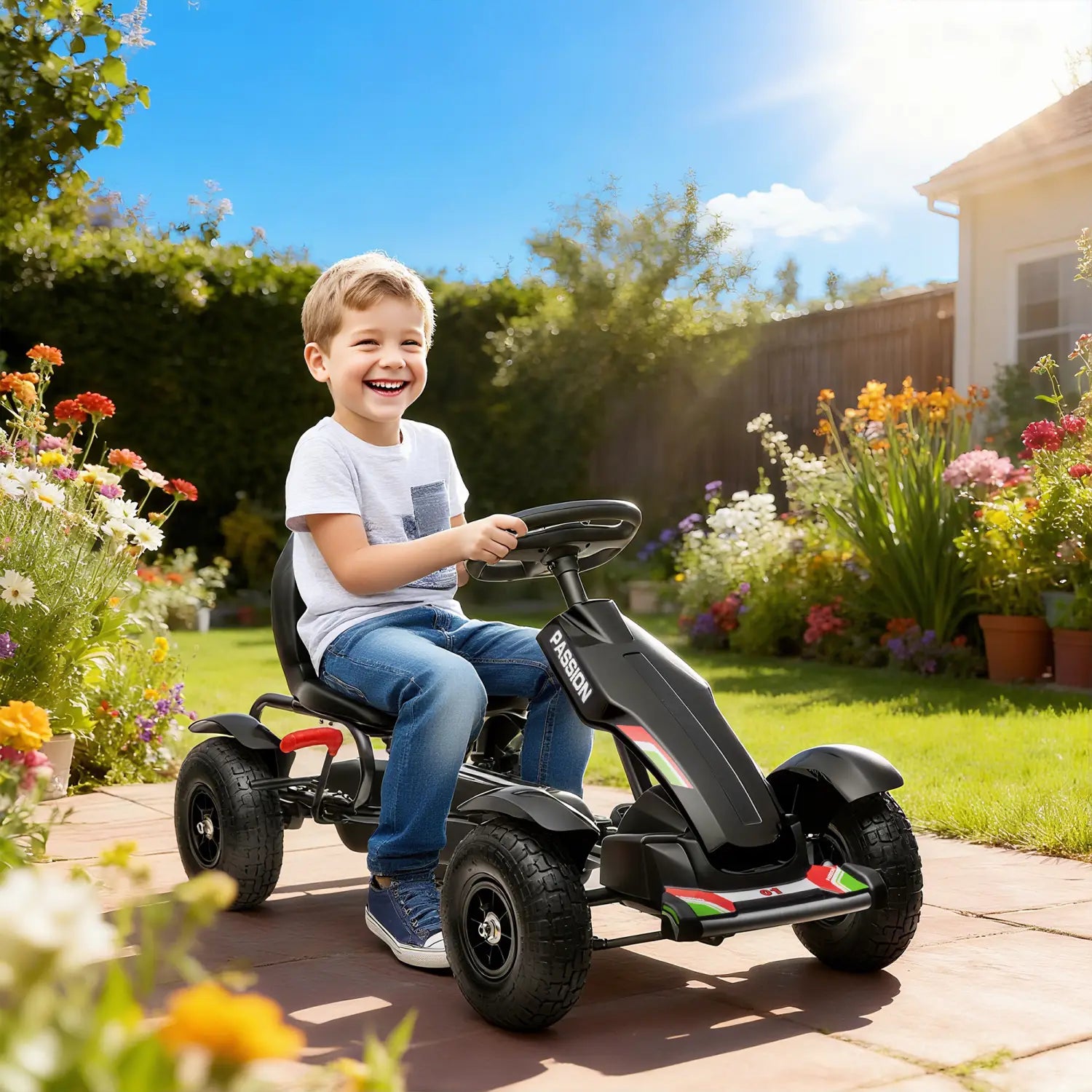 Petit kart à pédales d’extérieur pour enfants, jouet pour les âges de 5 à 12 ans, avec un corps noir agrémenté d’accents rouges et verts sur l’aile avant, et un design élégant inspiré de la course.