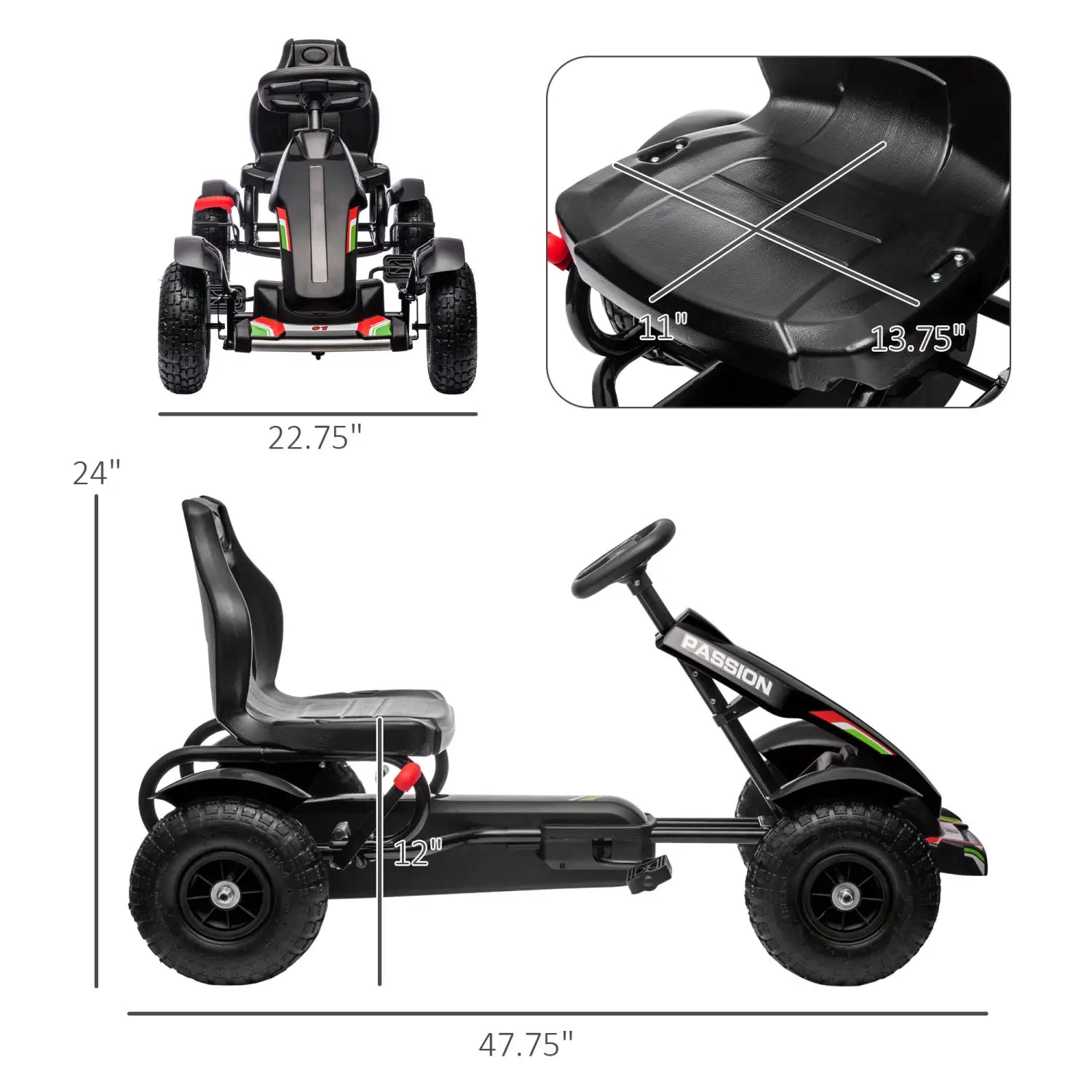 Petit kart électrique à pédales pour enfants, noir, avec des accents rouges et verts, offrant un design épuré et une construction en plastique durable pour une utilisation en extérieur, pour les âges de 5 à 12 ans.