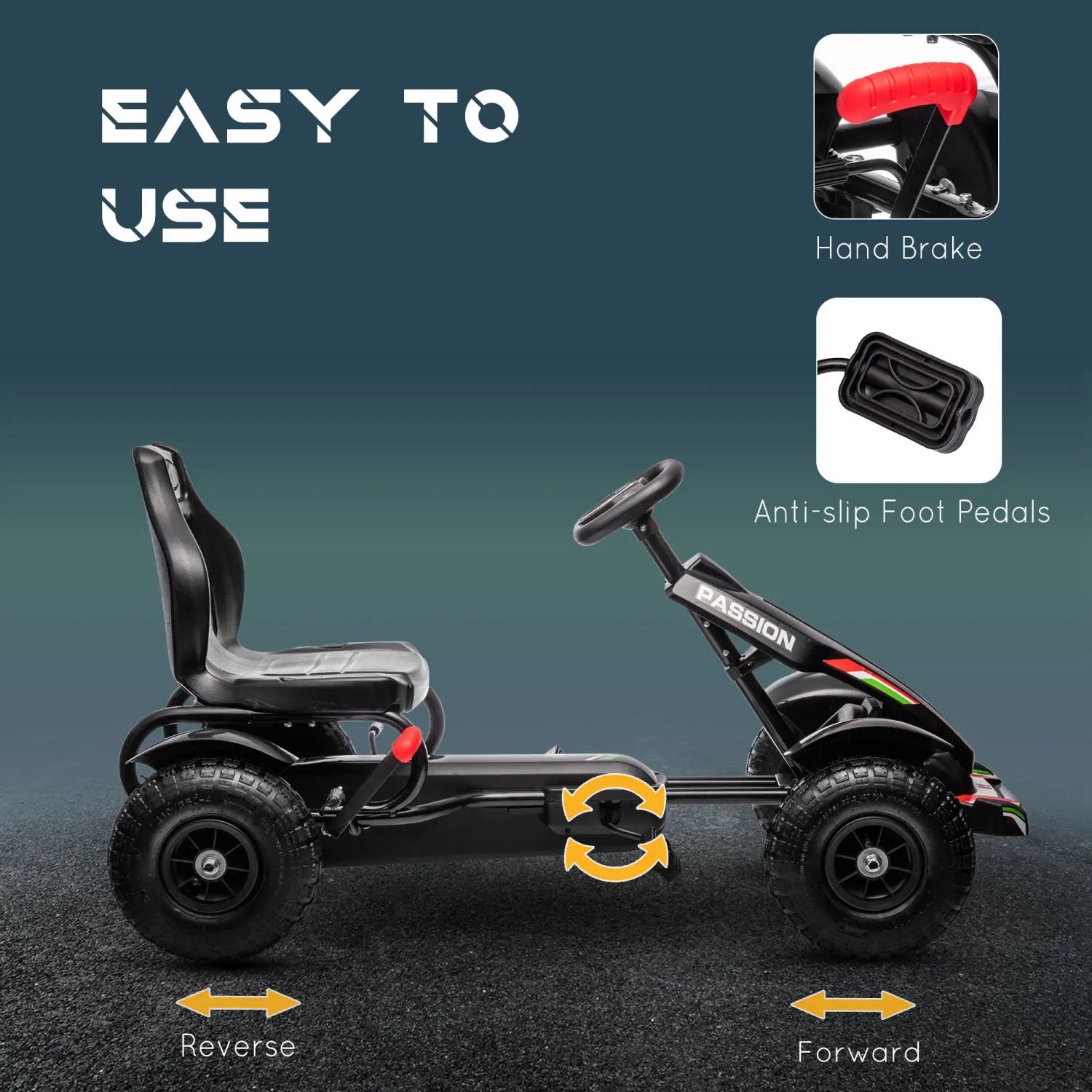 Kart à pédales pour enfants noir, avec frein à main rouge et pédales antidérapantes, arborant la marque « Passion » sur son châssis, conçu pour une utilisation en extérieur pour les âges de 5 à 12 ans.