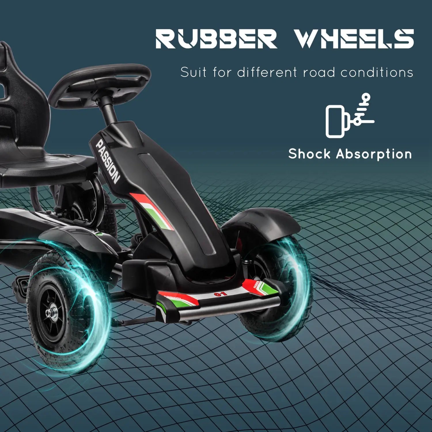 Kart à pédales pour enfants noir, avec roues en caoutchouc et bandes de course rouges, vertes et blanches sur les panneaux latéraux, conçu pour une utilisation en extérieur comme jouet, pour les âges de 5 à 12 ans.