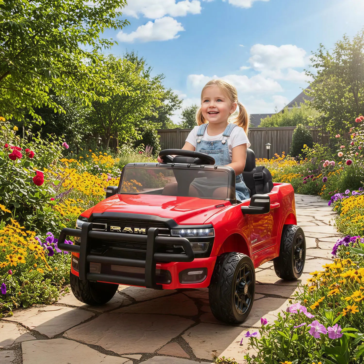 Red electric Dodge Ram 3500 kids ride on truck with black grille and wheels featuring a ram logo on the front.