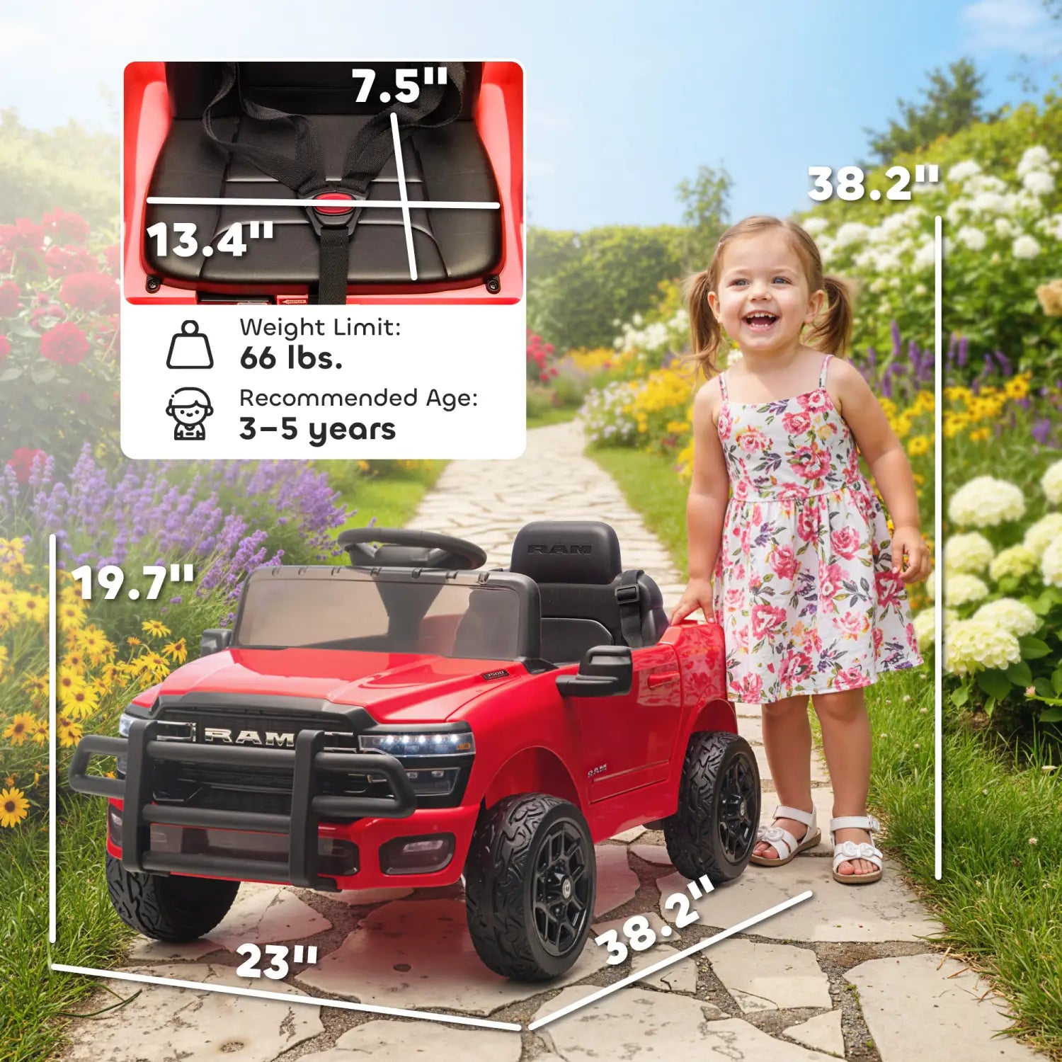Red Dodge Ram 3500 kids ride on car 12v electric toy featuring black accents and rugged tires designed for outdoor use.