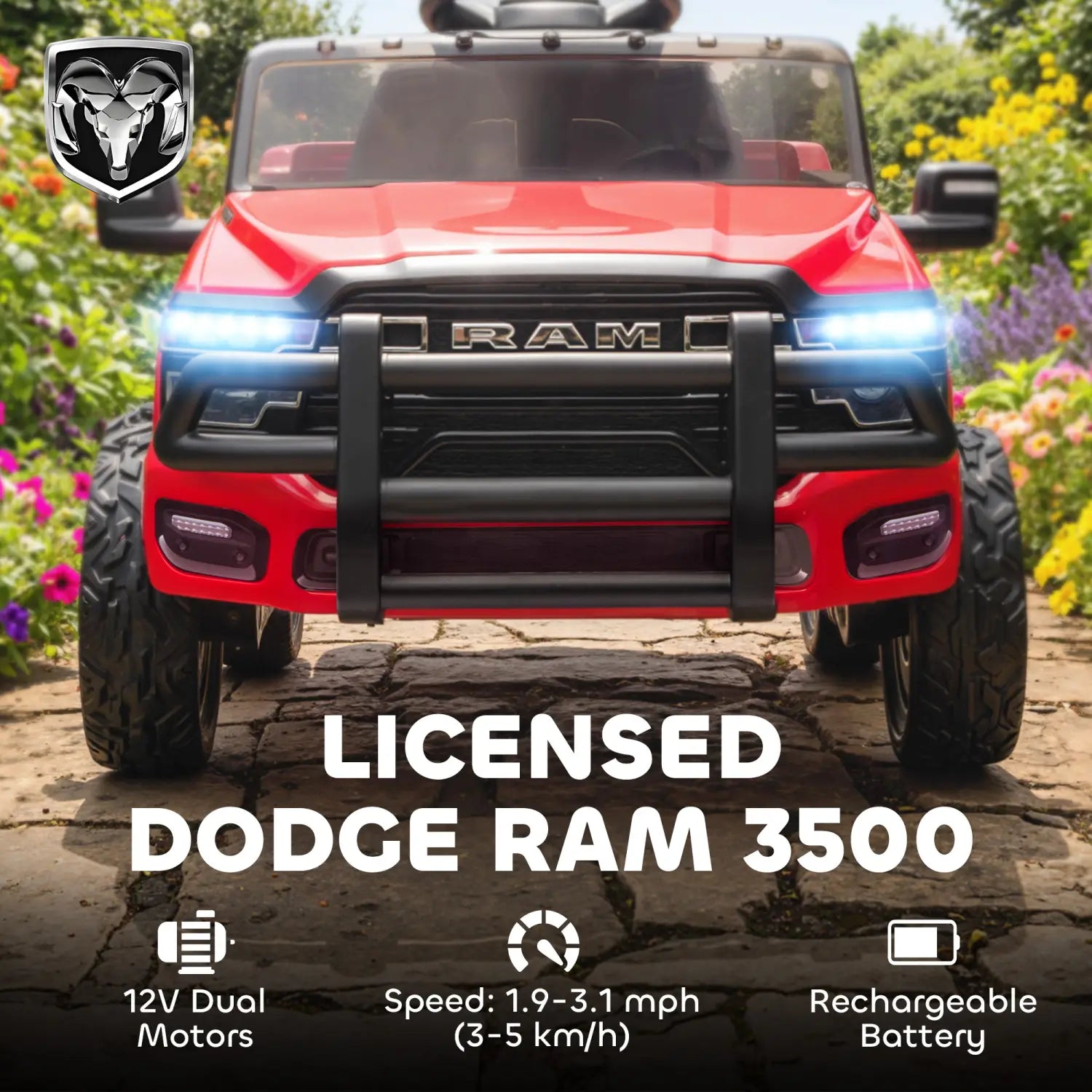 Red licensed Dodge Ram 3500 kids ride on car with 12v electric motor black grille and rugged tires designed as a toy vehicle.
