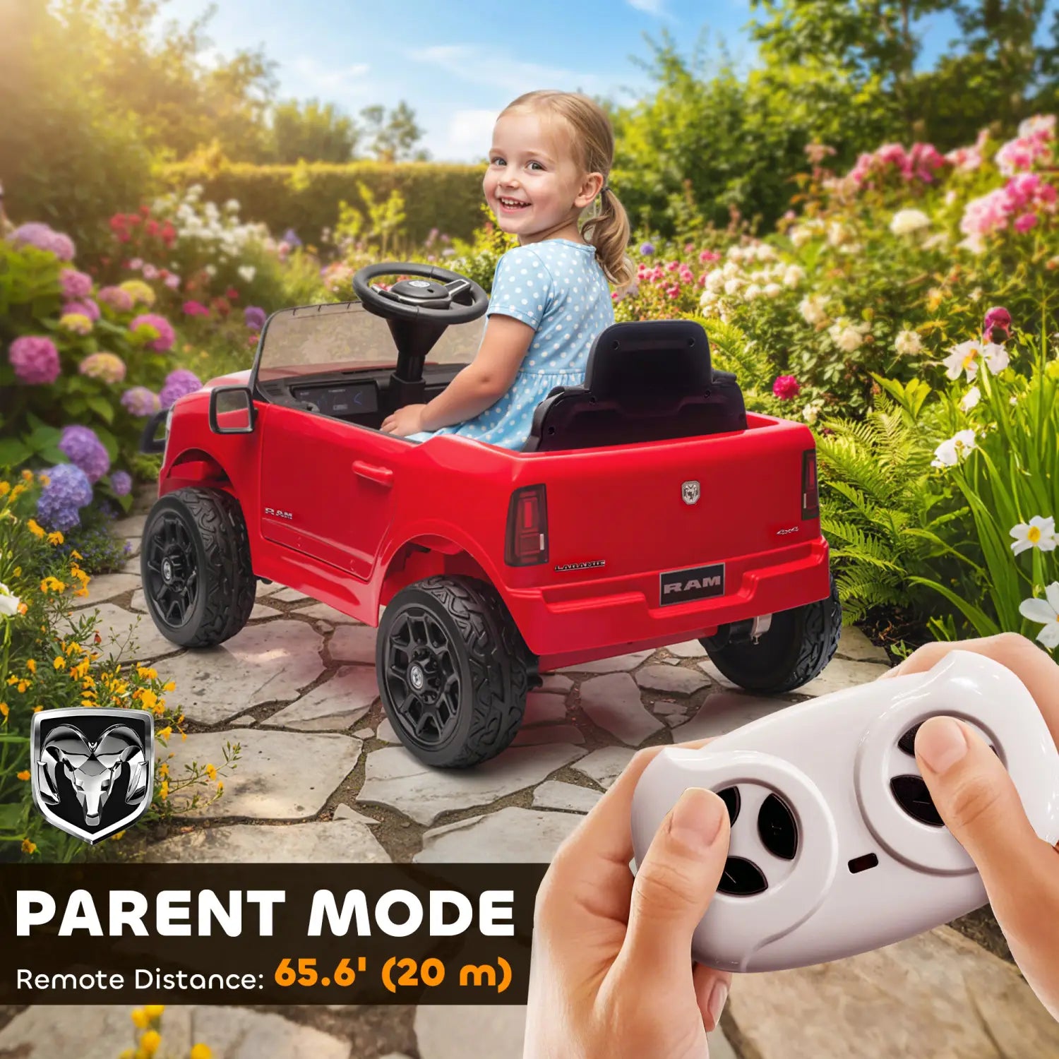 Red dodge ram 3500 kids ride on electric toy truck with black wheels and a steering wheel featuring the ram logo on its side.
