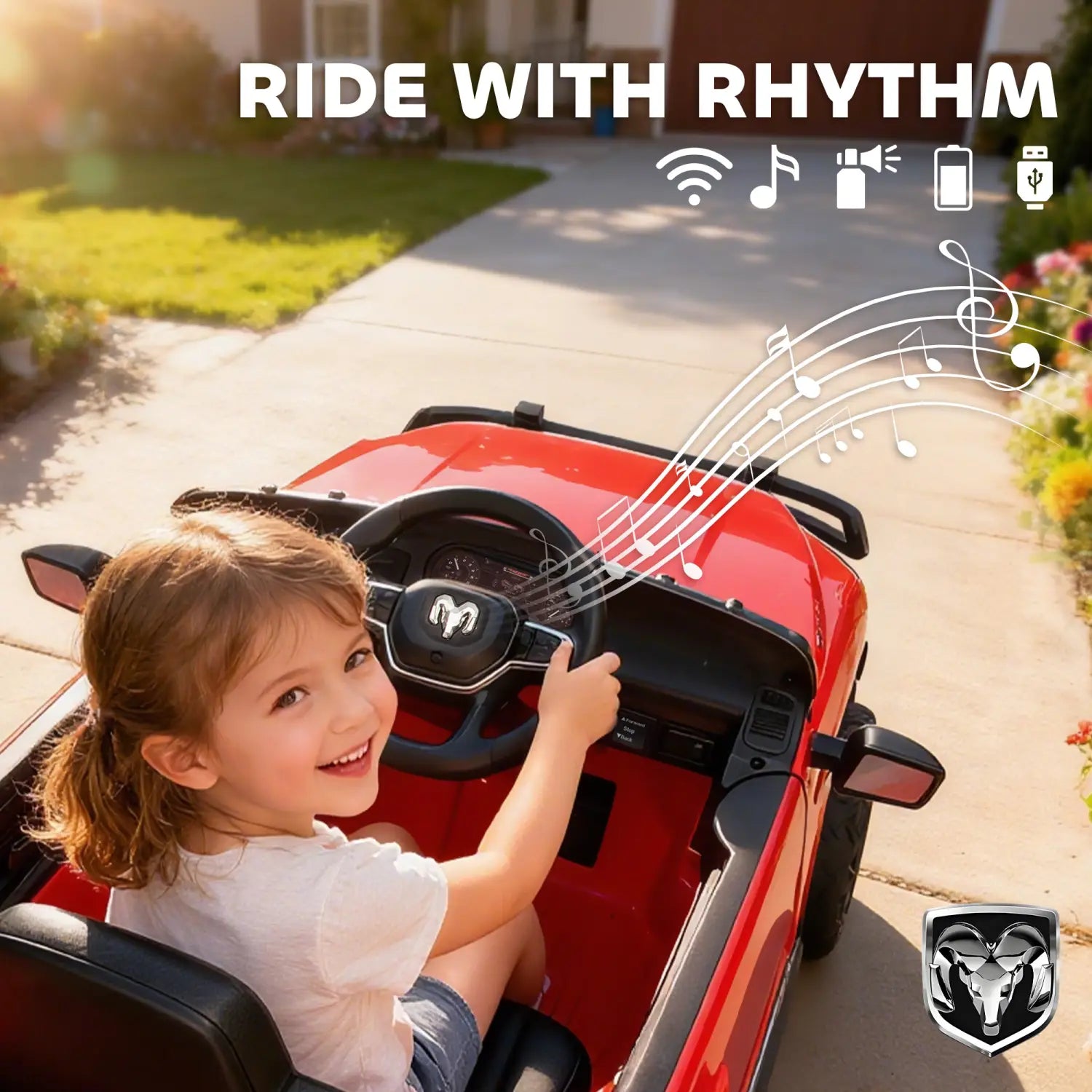 Red electric dodge ram 3500 kids ride on car with black accents and dodge logo on the steering wheel designed as a 12v toy vehicle.