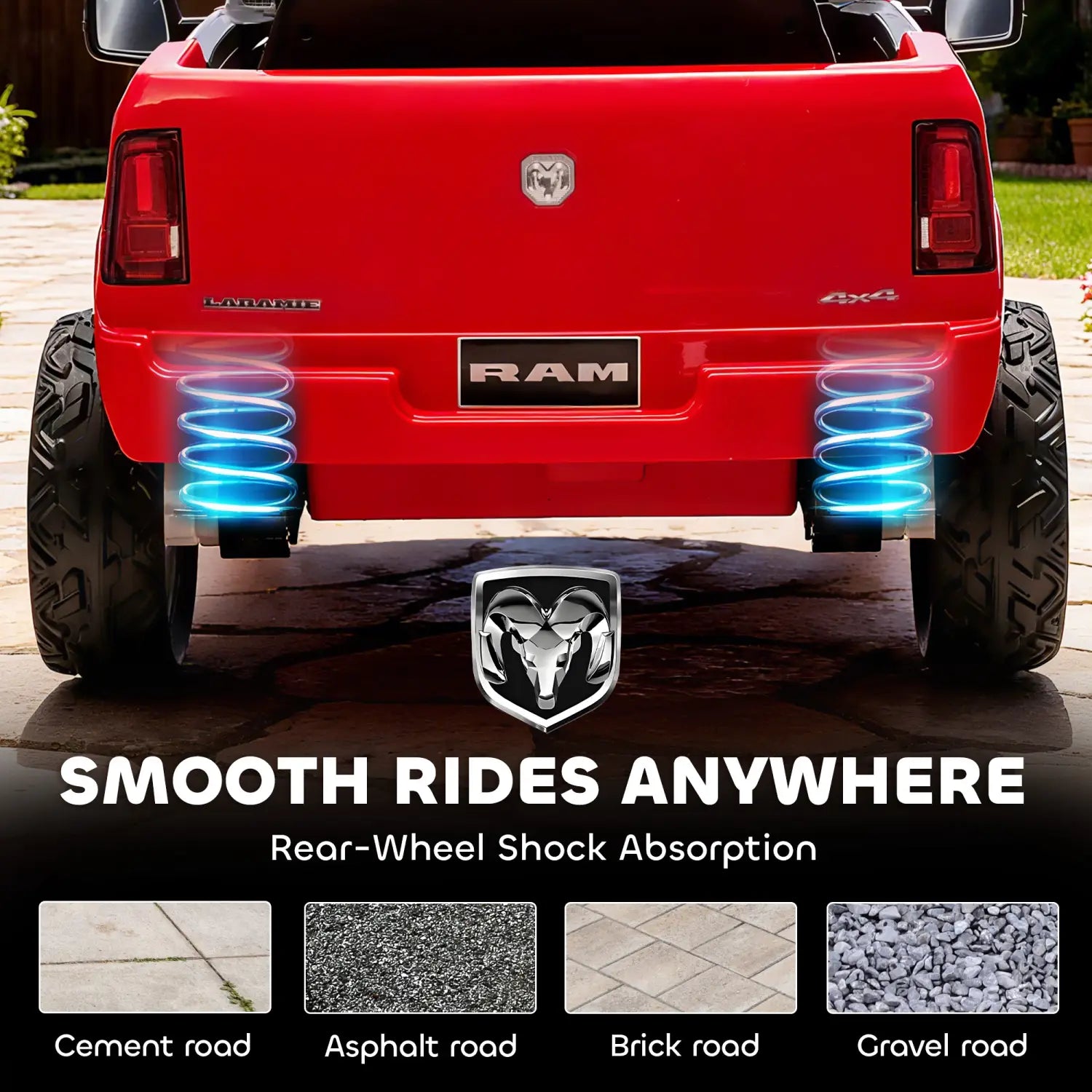 Red Dodge Ram 3500 kids ride on car featuring electric 12v power and blue illuminated shock absorbers designed as a toy pickup truck.