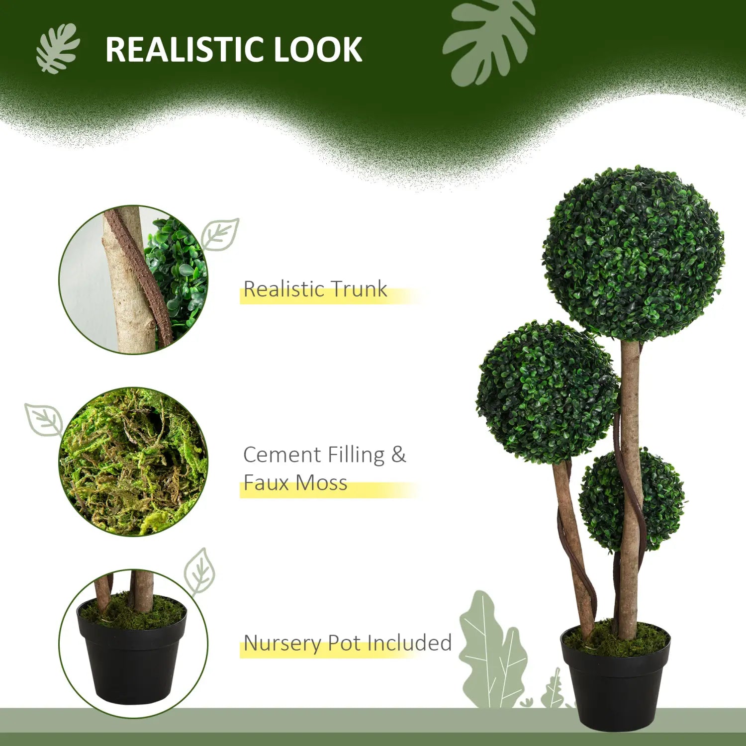 Un árbol artificial de topiaria de boj de tres bolas y tres niveles con follaje verde exuberante y un tronco marrón realista en una maceta de vivero negra.