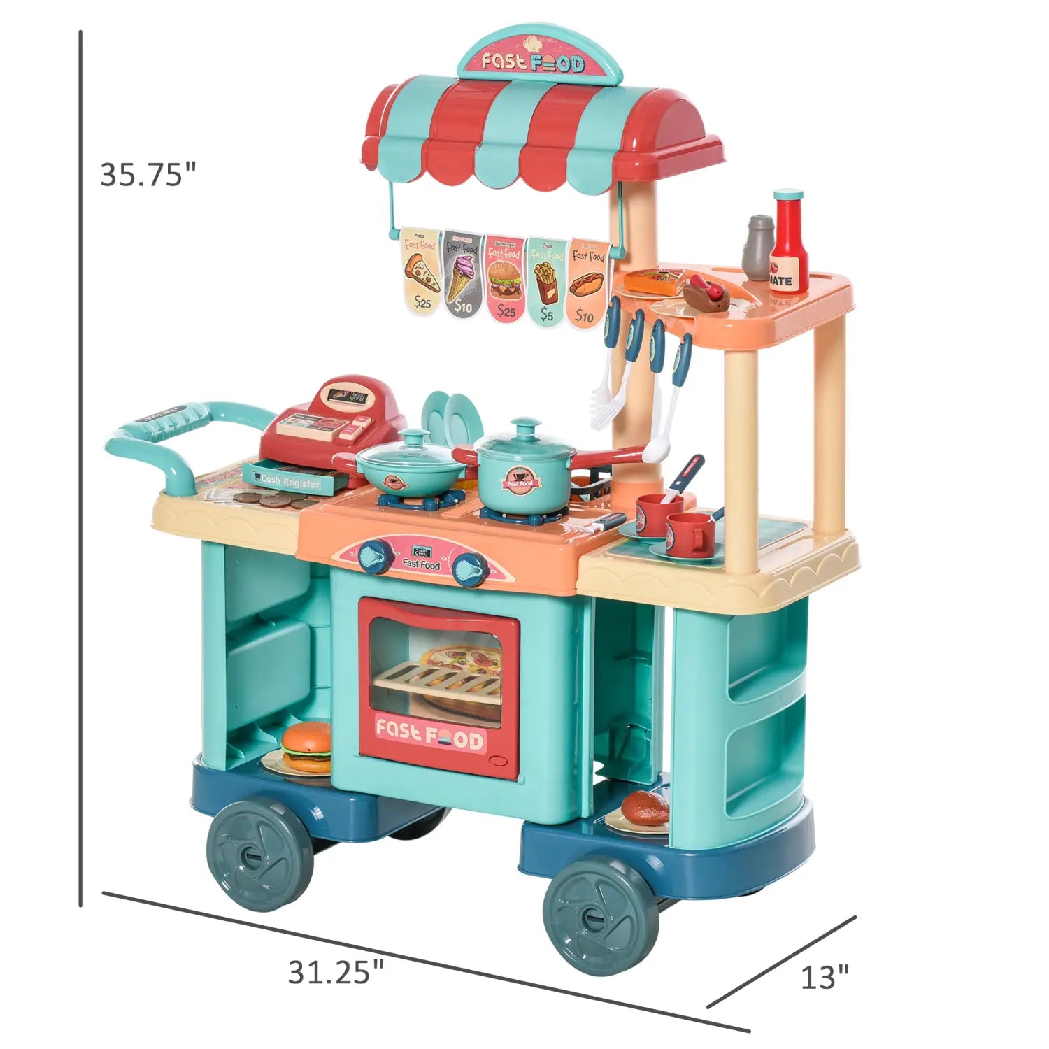 Ensemble de cuisine pour enfants avec caisse enregistreuse, présentant un ensemble de cuisine de jeu pour restauration rapide en plastique coloré en turquoise et orange, avec des roues pour la mobilité et 50 pièces.
