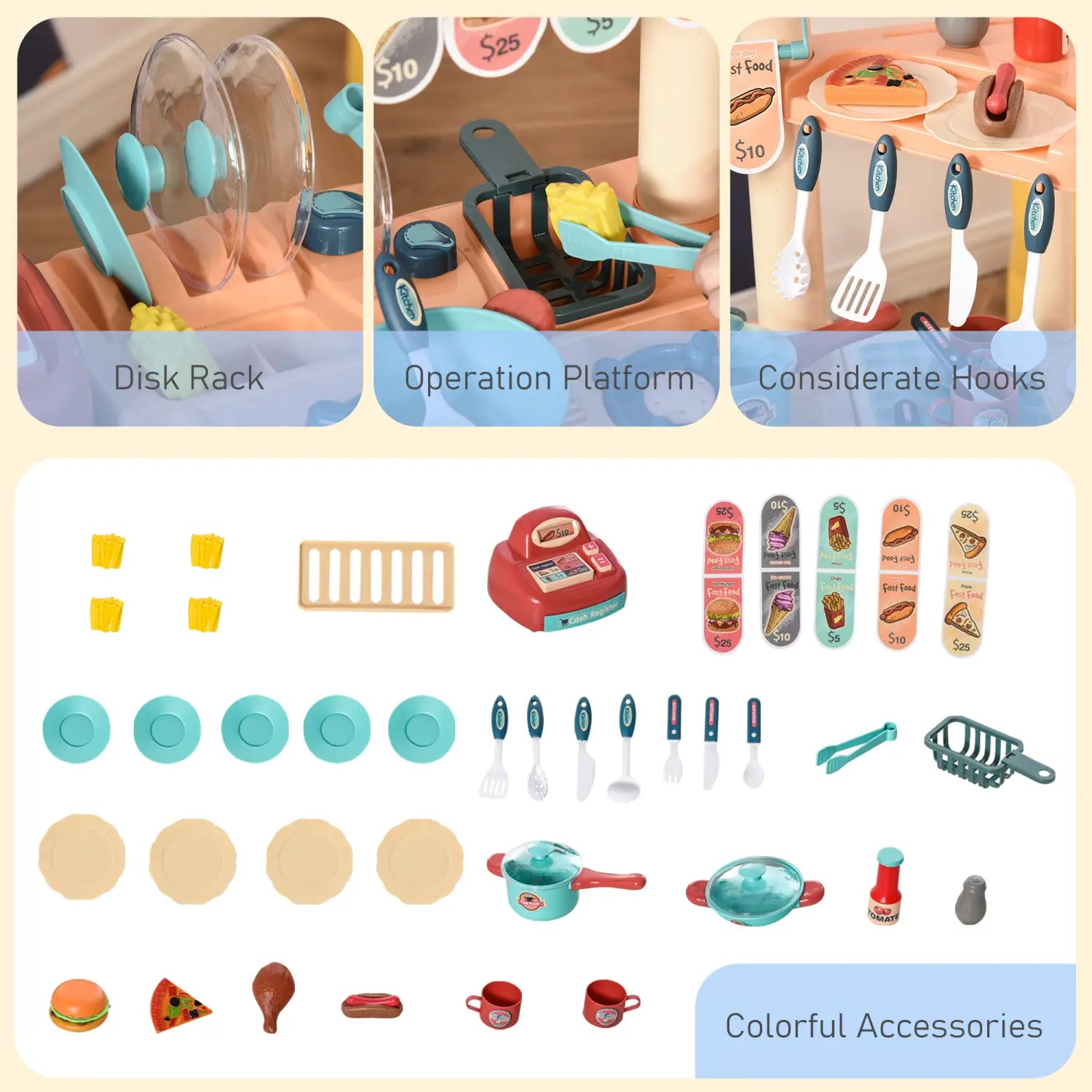 Ensemble de cuisine pour enfants avec caisse enregistreuse : comprend 50 pièces d’articles de cuisine de jeu en plastique turquoise et rouge, avec des ustensiles de cuisine, de la vaisselle et des aliments réalistes, pour un jeu d’imagination.