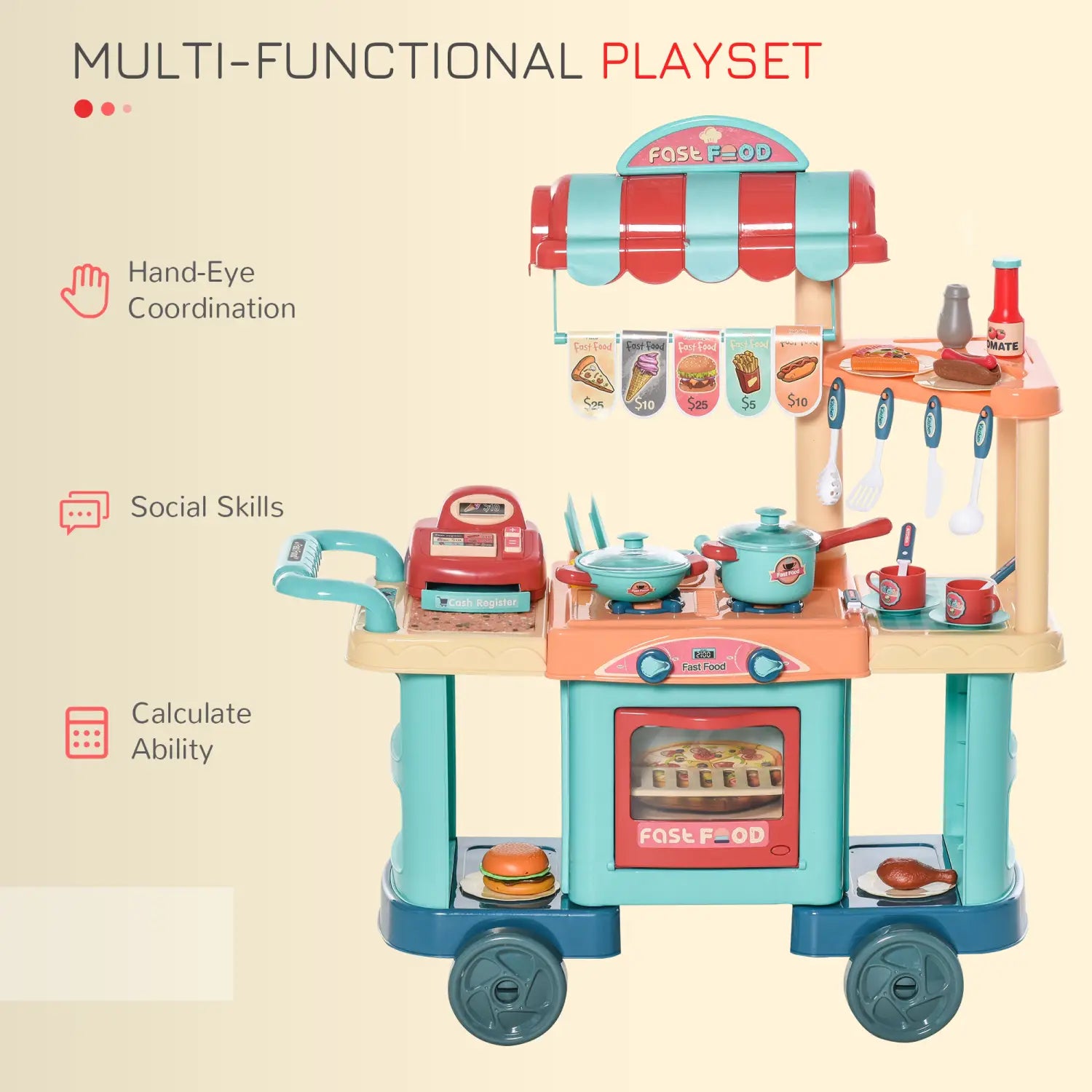 Un ensemble de cuisine pour enfants en plastique coloré avec caisse enregistreuse, affichant un design turquoise et rouge, comprenant des ustensiles de cuisine factices et des aliments en jouet, totalisant 50 pièces.