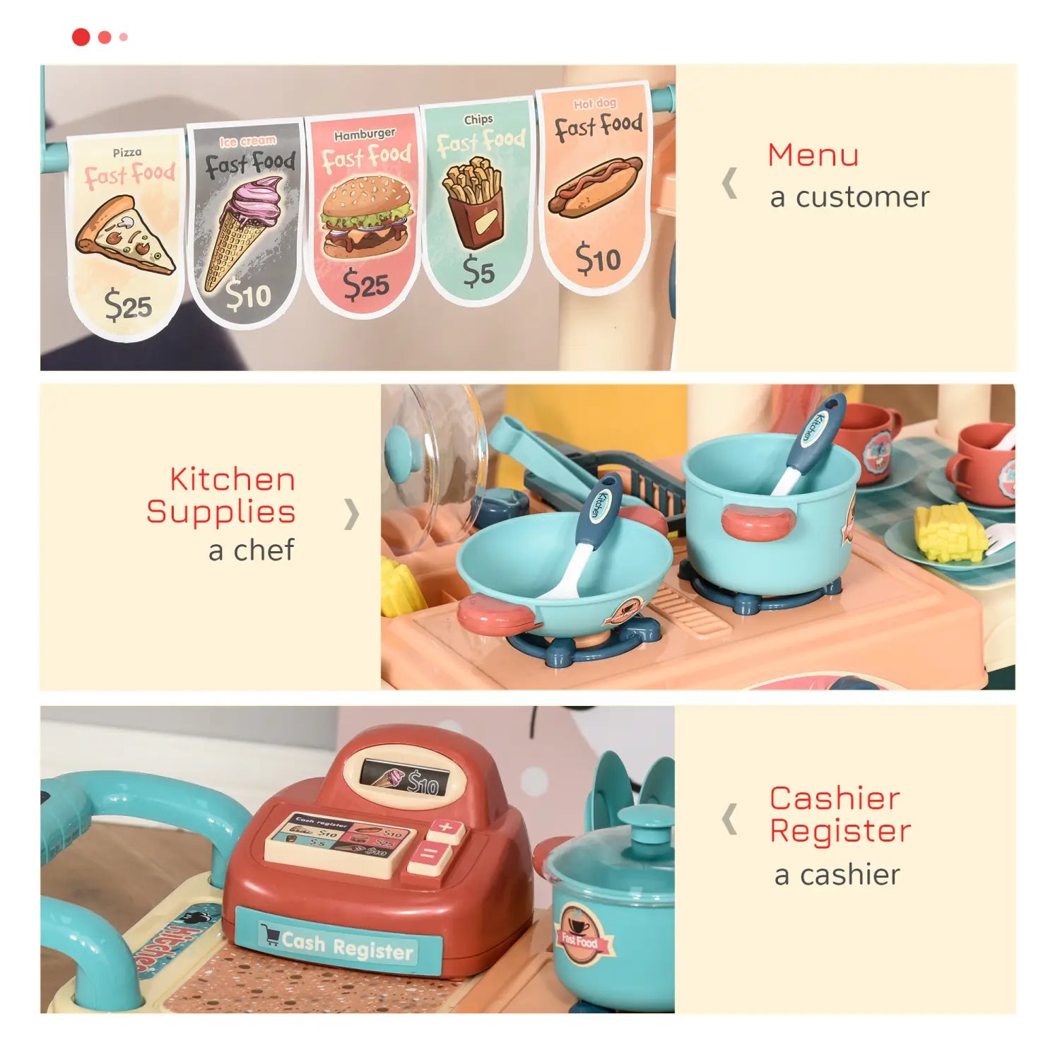 Ensemble de cuisine pour enfants en plastique rouge avec caisse enregistreuse, avec des accents turquoise et un écran d’affichage numérique indiquant dix dollars, issu d’un ensemble de 50 pièces.