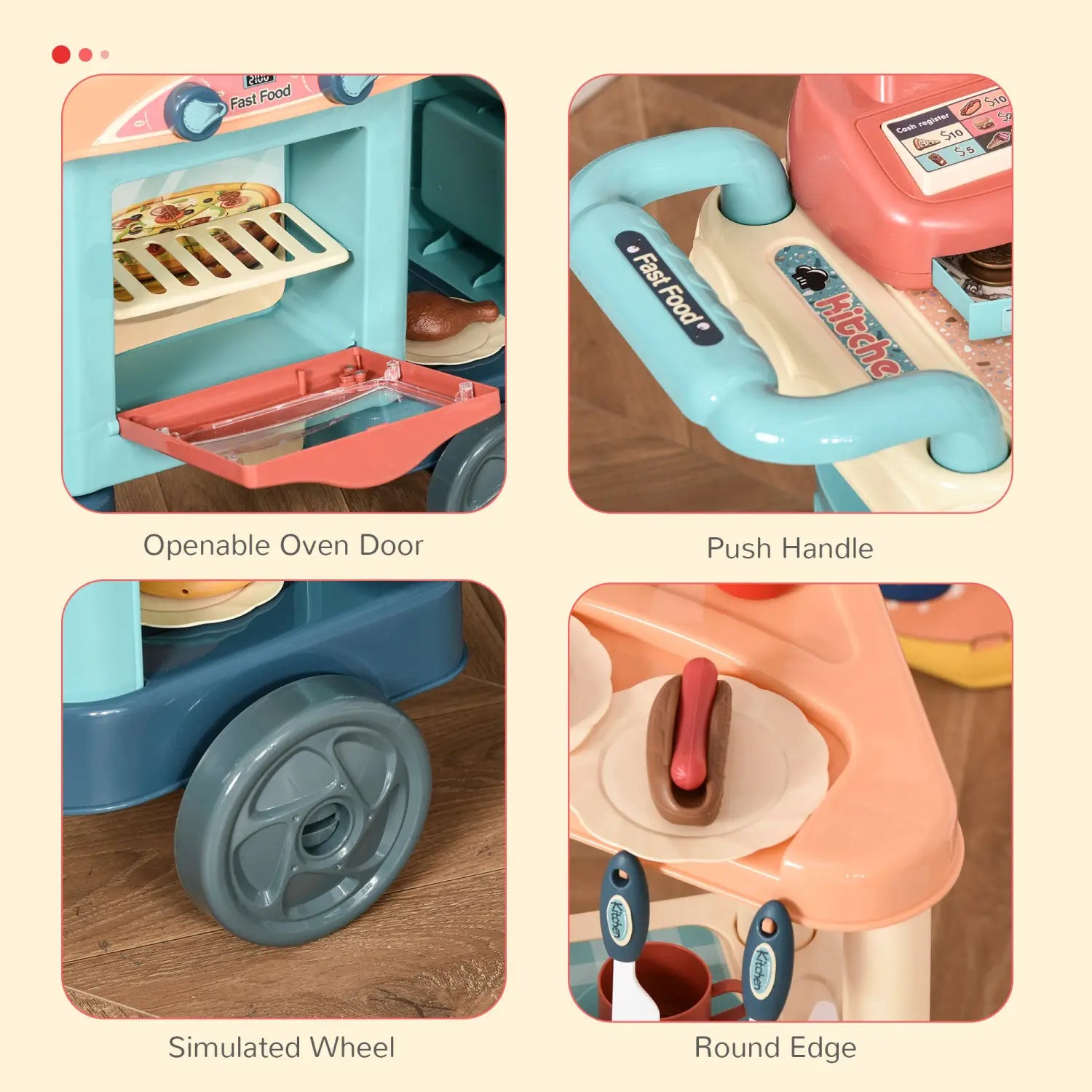 Un ensemble de cuisine pour enfants en plastique coloré avec chariot de restauration rapide, avec une poignée turquoise, un corps rose et beige, et des roues bleues, comprenant une caisse enregistreuse et 50 pièces.