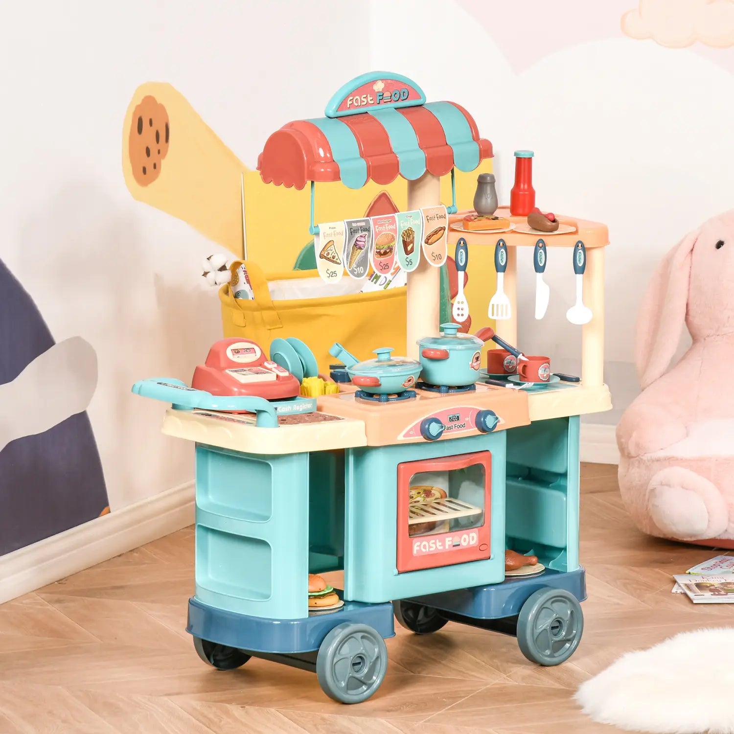 Ensemble de cuisine pour enfants avec caisse enregistreuse, 50 pièces : ensemble de cuisine de jeu en plastique turquoise et rouge avec roues, un comptoir alimentaire factice, un four, des casseroles, des ustensiles et un panneau de restauration rapide.