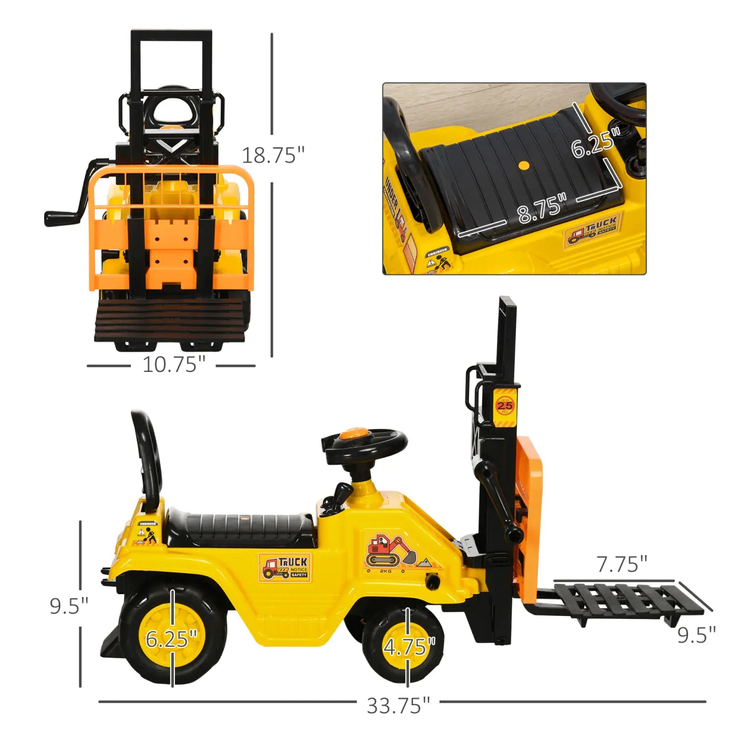 Yellow children’s ride-on forklift toy with black accents and orange details featuring storage and a horn for interactive play.