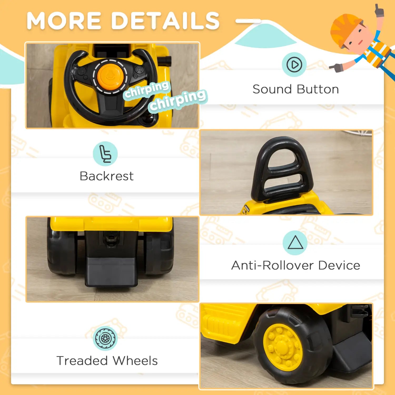 Yellow plastic ride-on forklift toy for kids featuring a black steering wheel, backrest, treaded wheels, storage compartment, and horn.