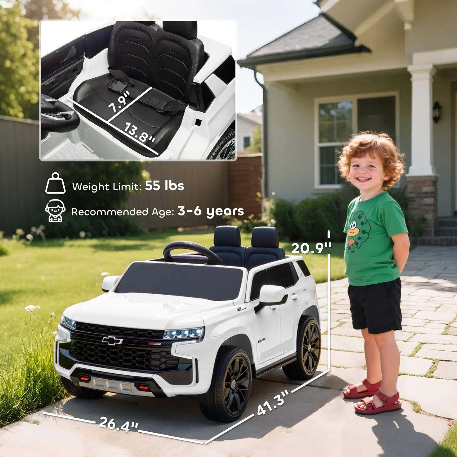 white electric toy suv with black seats and rims designed to resemble a chevrolet model for kids ride on use