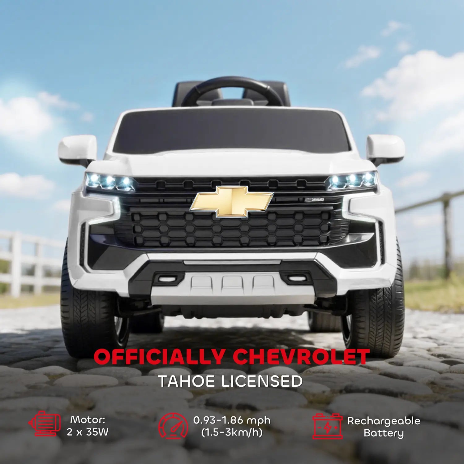 white electric toy truck resembling the Chevrolet Tahoe model with a gold Chevrolet logo and black grille, designed as a 12v kids electric ride on Chevrolet toy SUV in white.