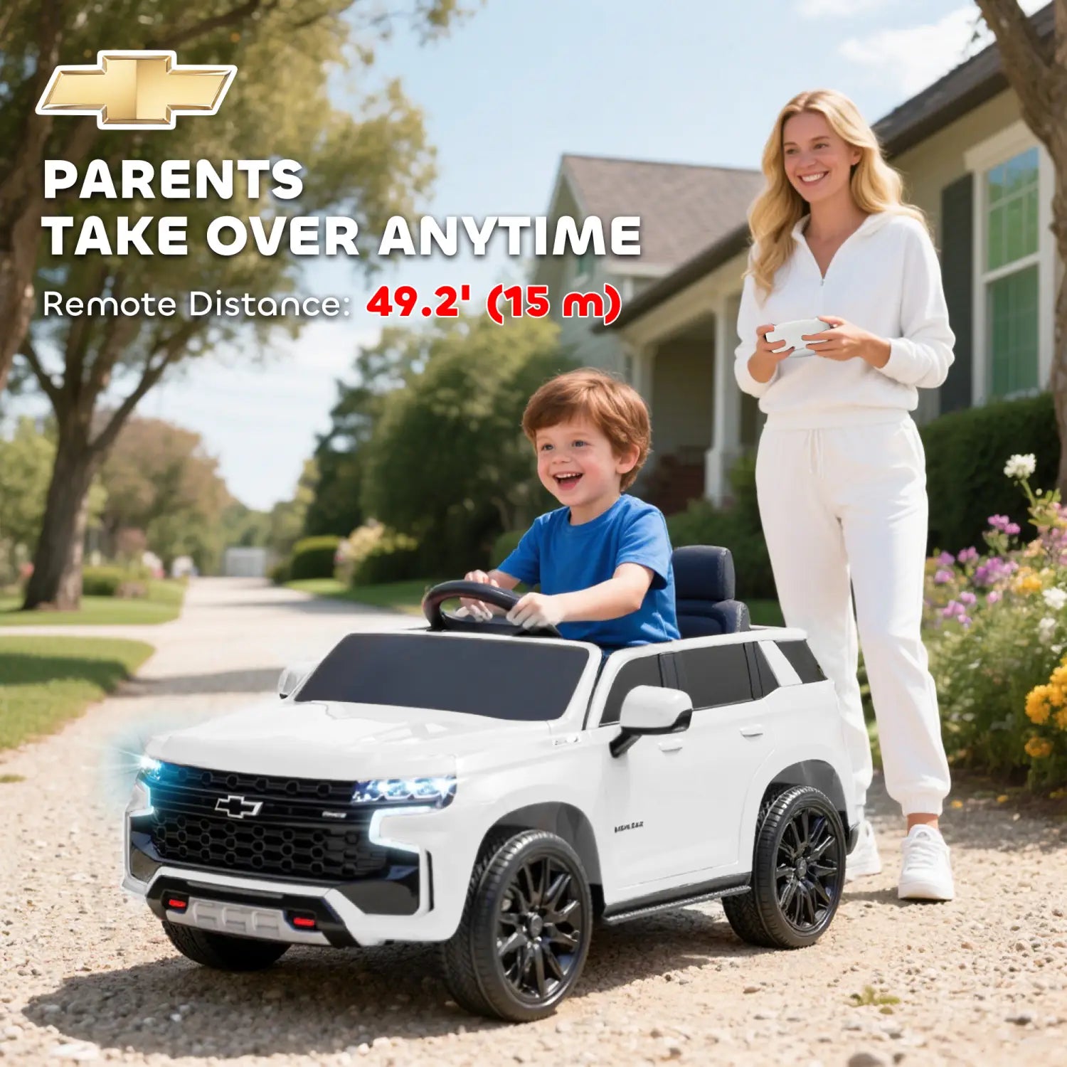 White Chevrolet Silverado 12v kids electric ride on toy truck with black accents and wheels designed as an electric SUV for children.