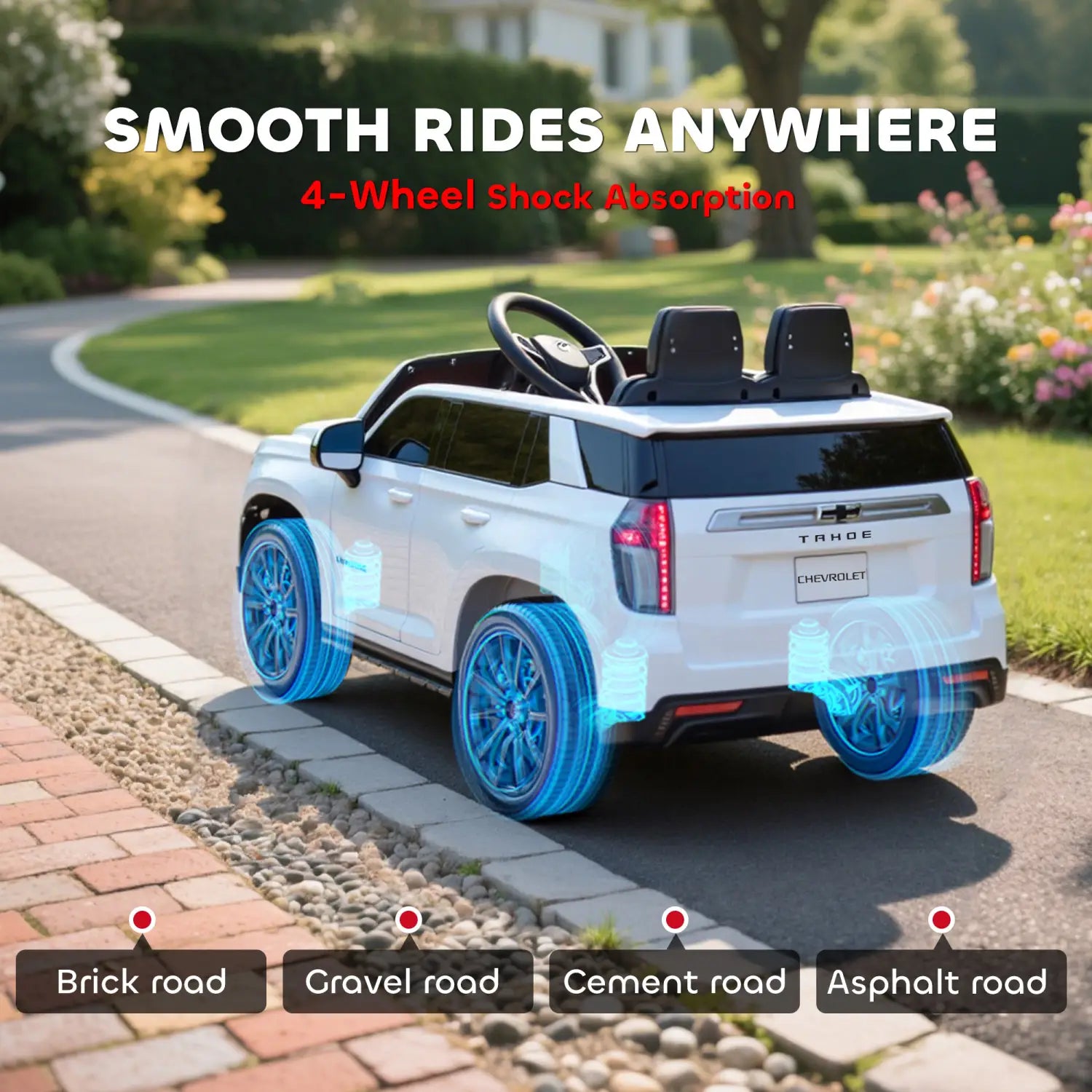 White 12v kids electric ride on Chevrolet toy SUV with blue glowing wheels and black seats designed to resemble a Chevrolet Tahoe.
