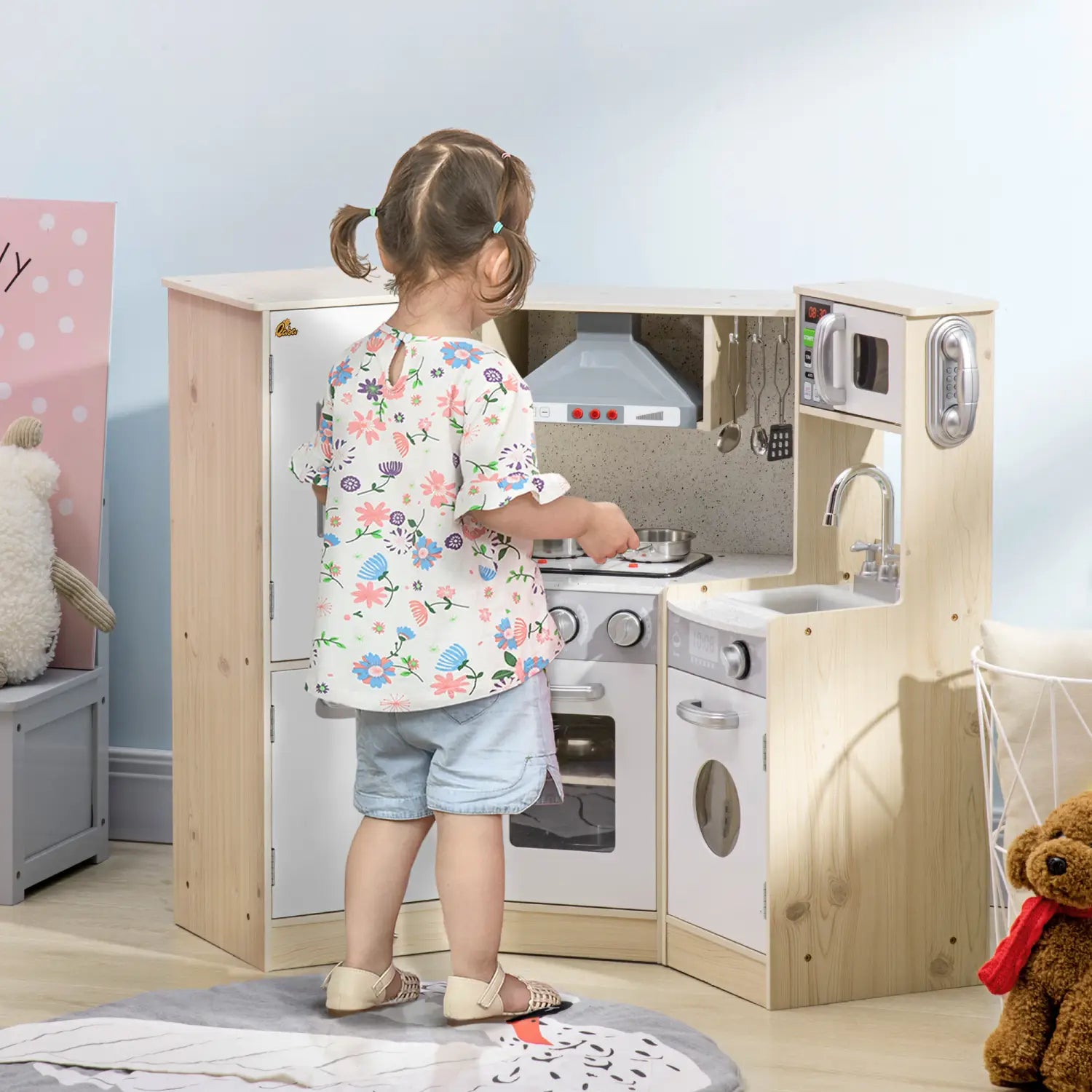 Kids wooden kitchen playset with sound effects features a light wood grain design with white appliances and silver accents.