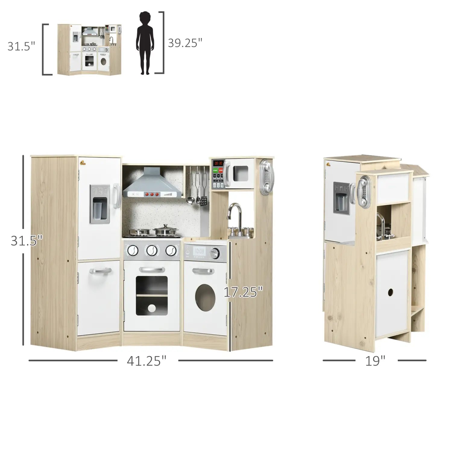 Kids wooden kitchen playset with sound effects and toys featuring light wood and white plastic construction with stainless steel accents.