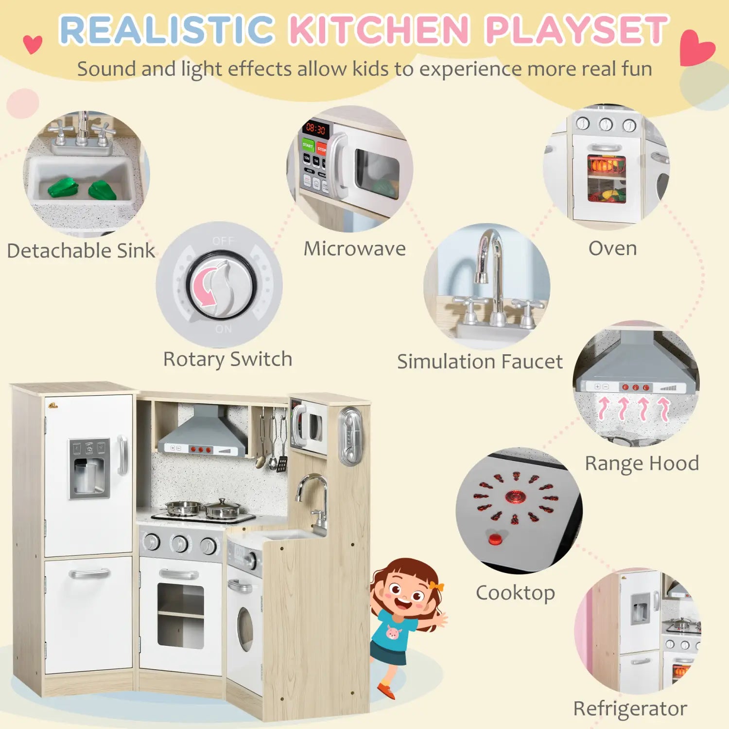 Kids wooden kitchen playset with sound effects and toys featuring a realistic white and light wood finish, detachable sink, microwave, oven, refrigerator, cooktop, range hood, simulation faucet, rotary switch, and utensils.