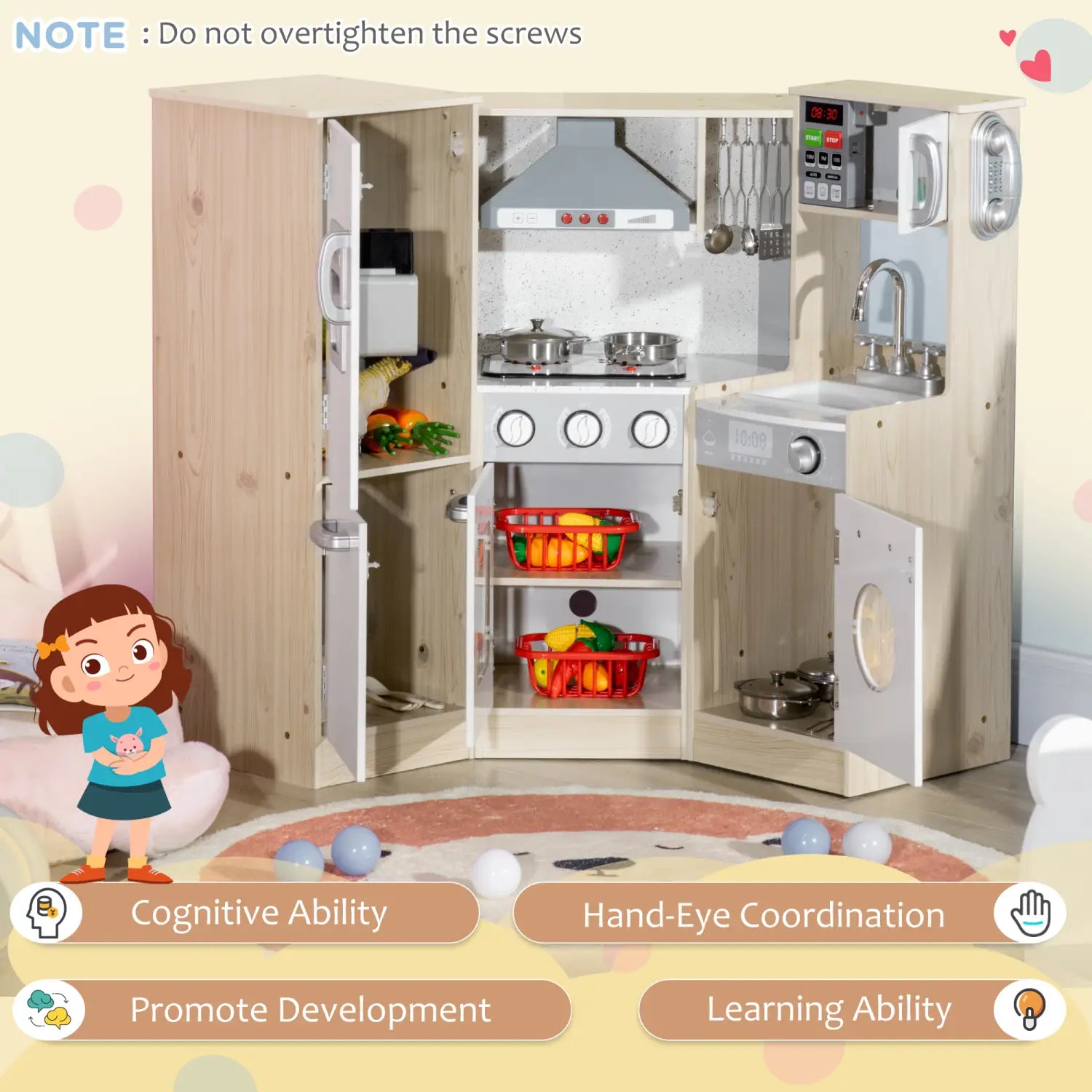Kids wooden kitchen playset with sound effects featuring a light wood-finish wooden toy kitchen set with stainless steel appliances and red plastic baskets.