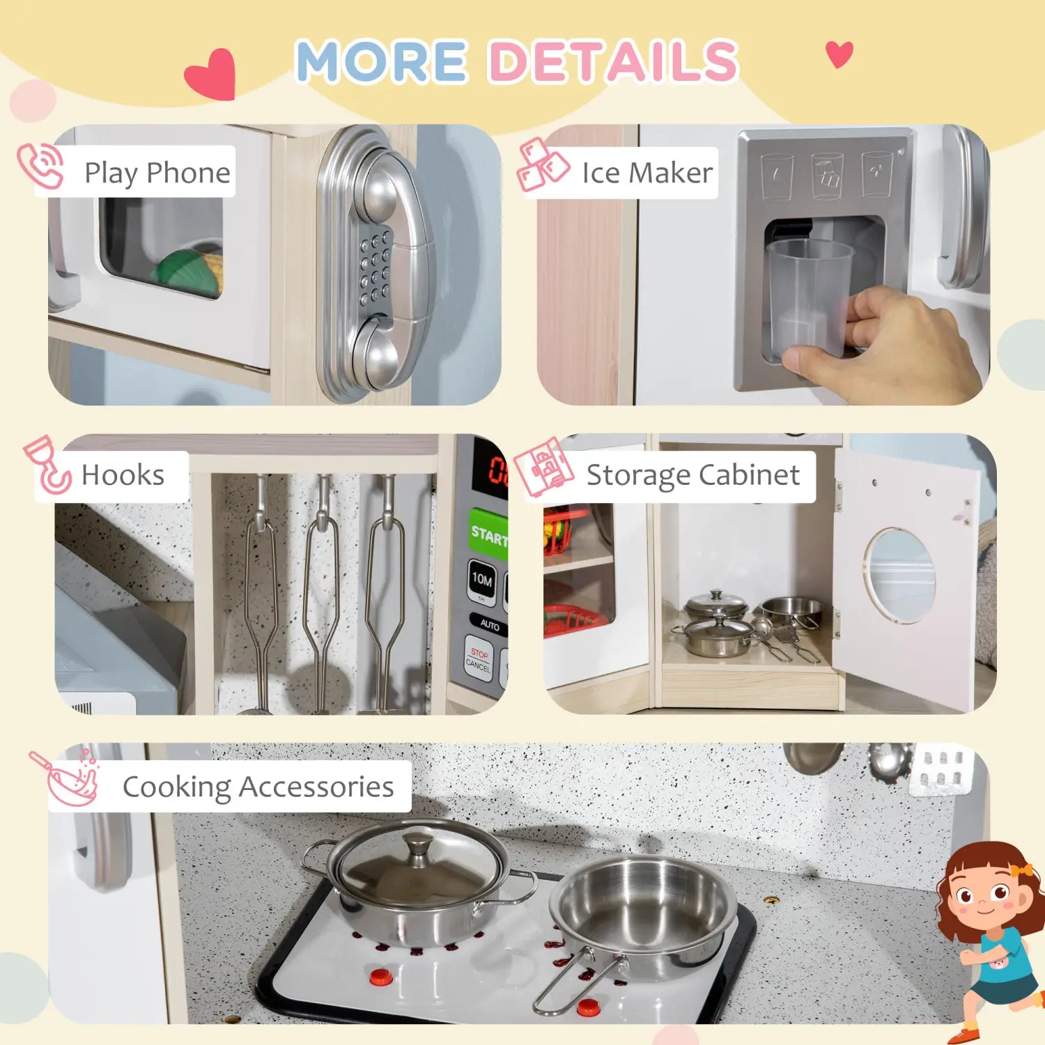 Silver microwave with keypad and handle made of wood designed for children in the kids wooden kitchen playset with sound effects and toys.