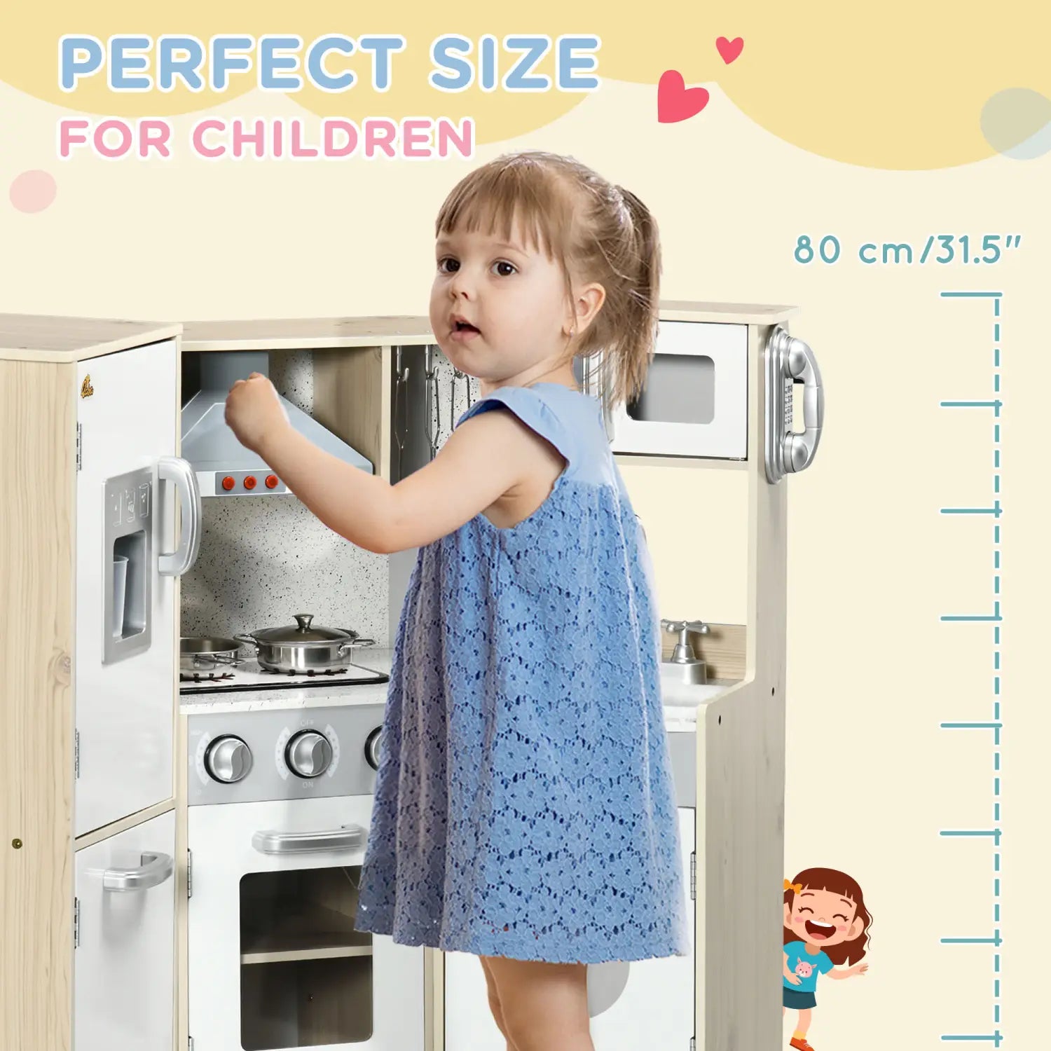 blue lace dress displayed alongside a kids wooden kitchen playset with sound effects and toys.