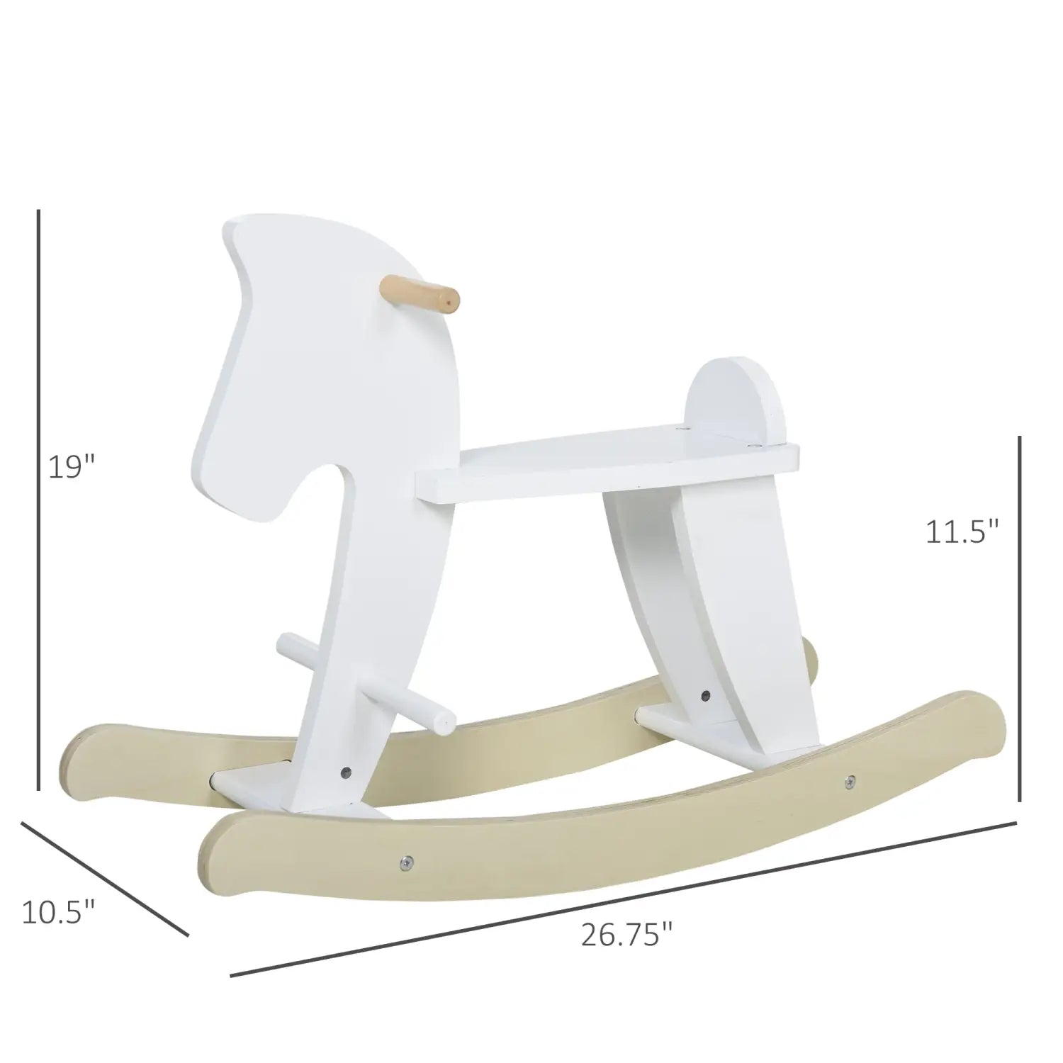 Cheval à bascule en bois pour tout-petits peint en blanc, avec des patins beige clair et une poignée en bois naturel.