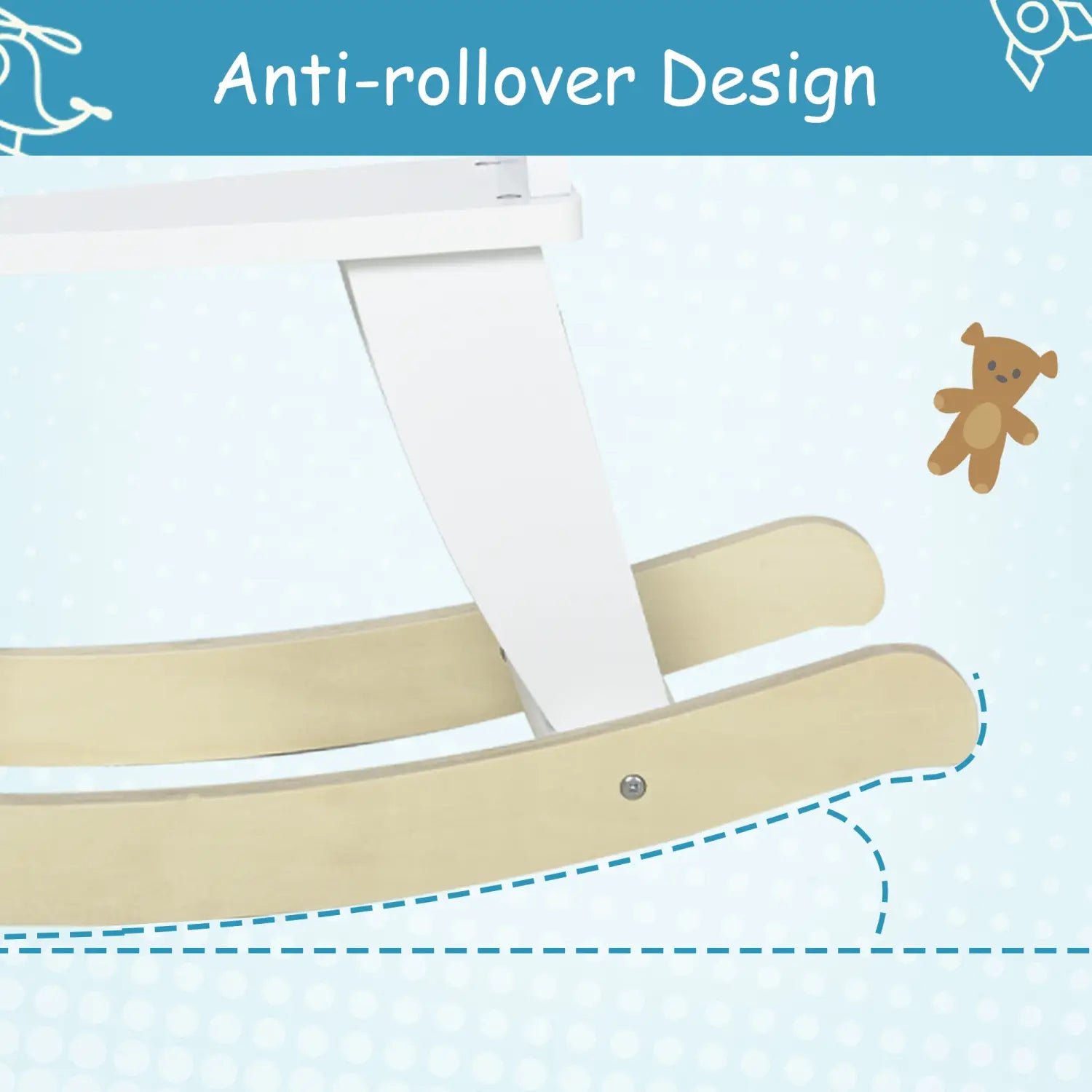 Cheval à bascule en bois blanc et bois naturel pour tout-petits, avec dispositif anti-renversement, jouet à monter.