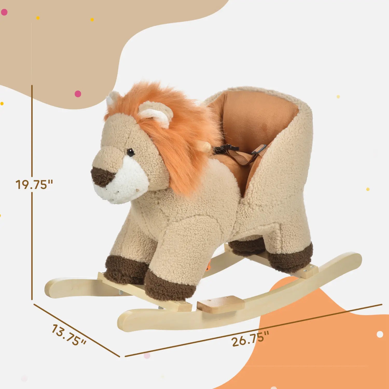 Cheval à bascule en peluche en forme de lion beige et brun avec base en bois pour le basculement, doté d’une fonction sonore et d’un harnais de sécurité pour un jeu en toute sécurité.