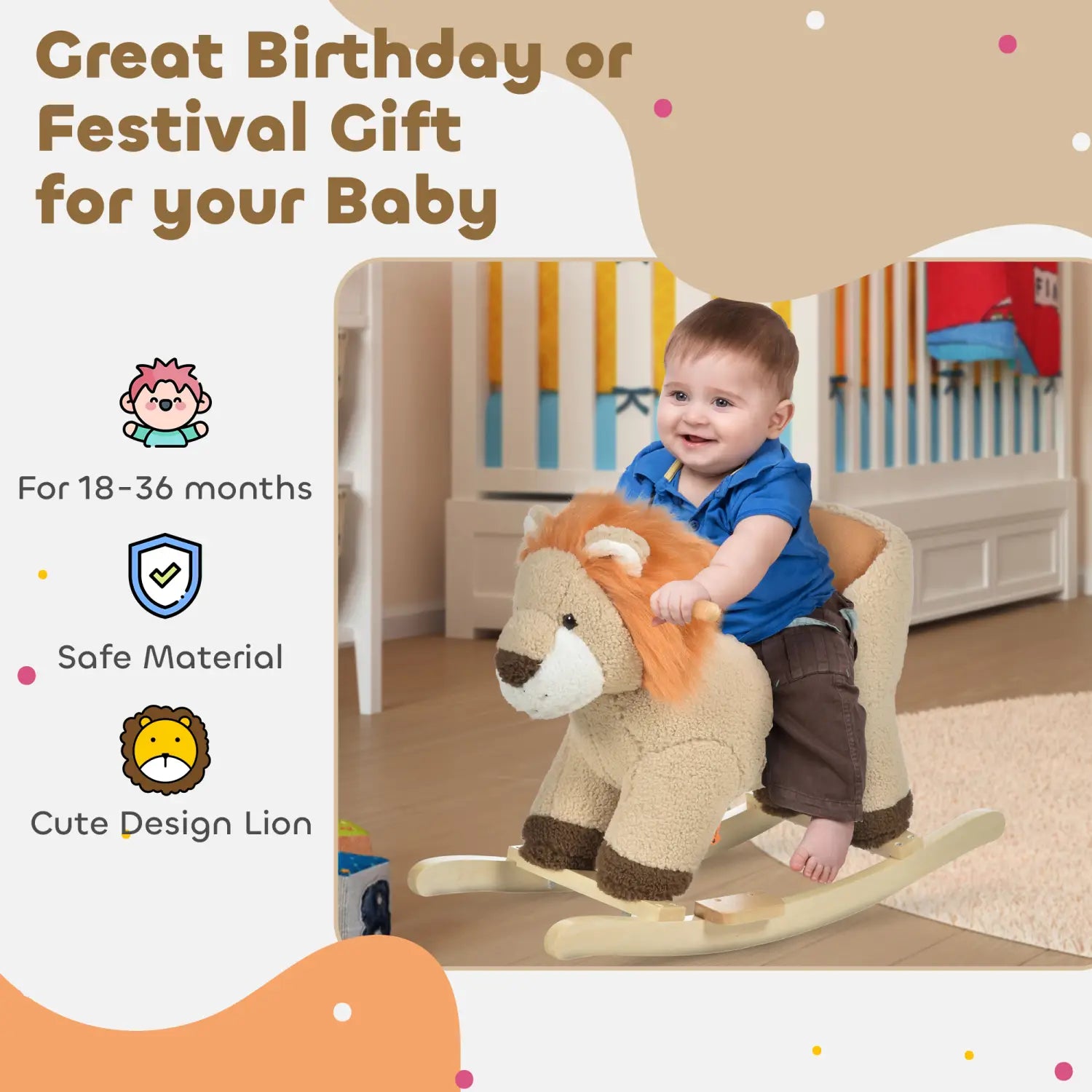 Cheval à bascule en peluche en forme de lion doux beige et orange avec base en bois, doté d’une fonction sonore et d’un harnais de sécurité pour la sécurité de l’enfant.