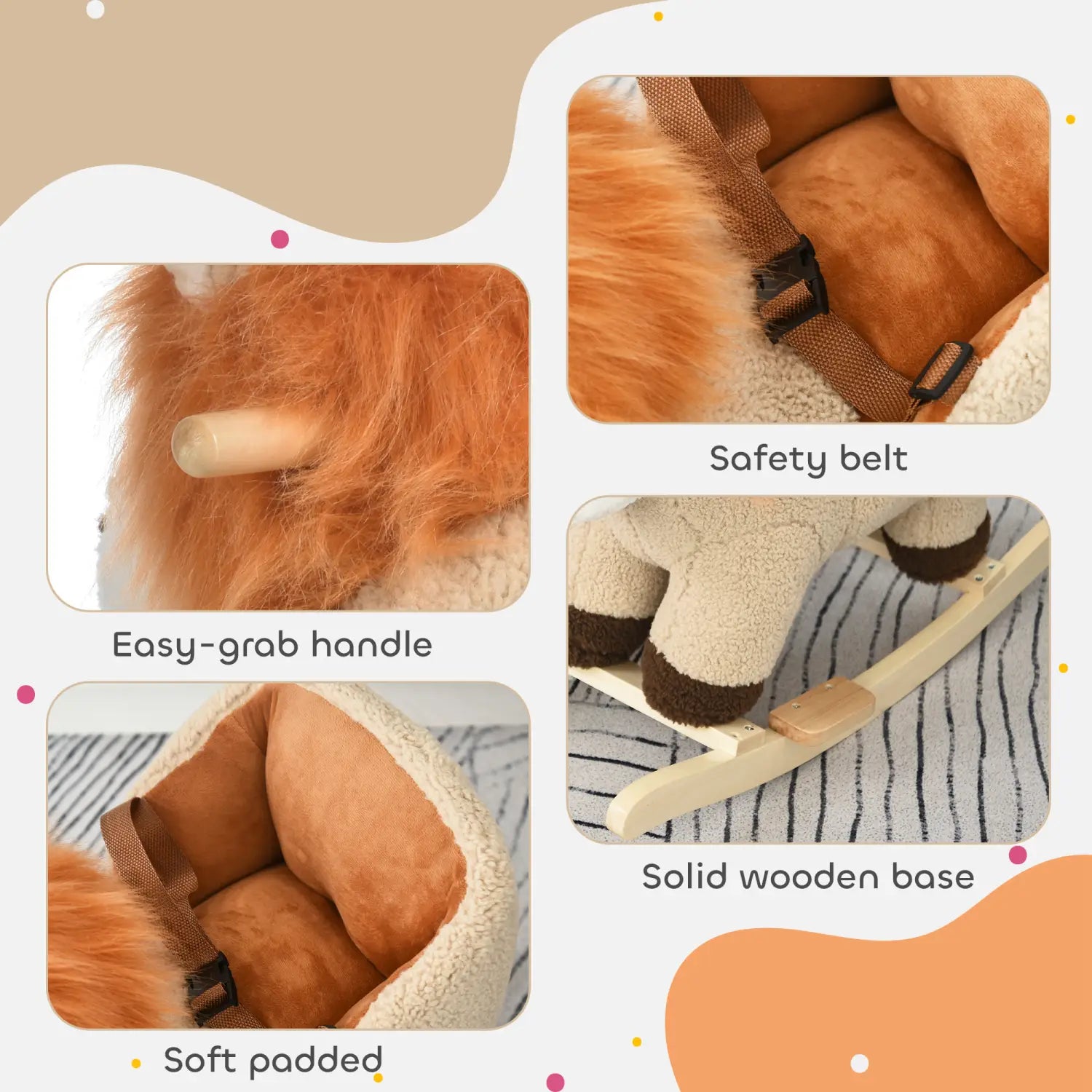 Cheval à bascule en forme de lion avec fonction sonore et harnais de sécurité, en peluche orange et crème, avec base en bois massif, intérieur rembourré et doux, ceinture de sécurité et poignée facile à saisir.