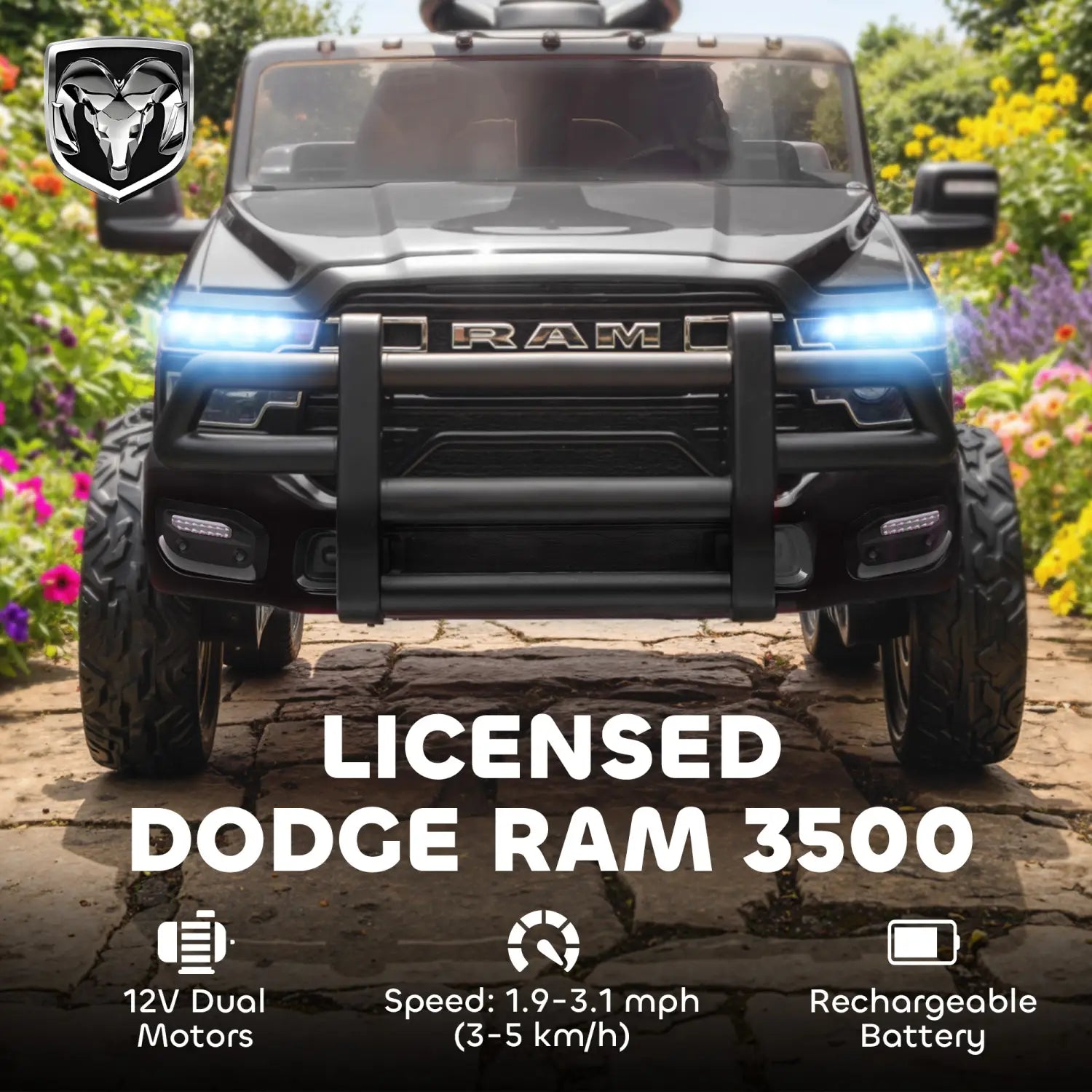 Voiture pour enfants Dodge Ram 3500 12 V sous licence, noire, avec télécommande, phares illuminés et pneus tout-terrain robustes.