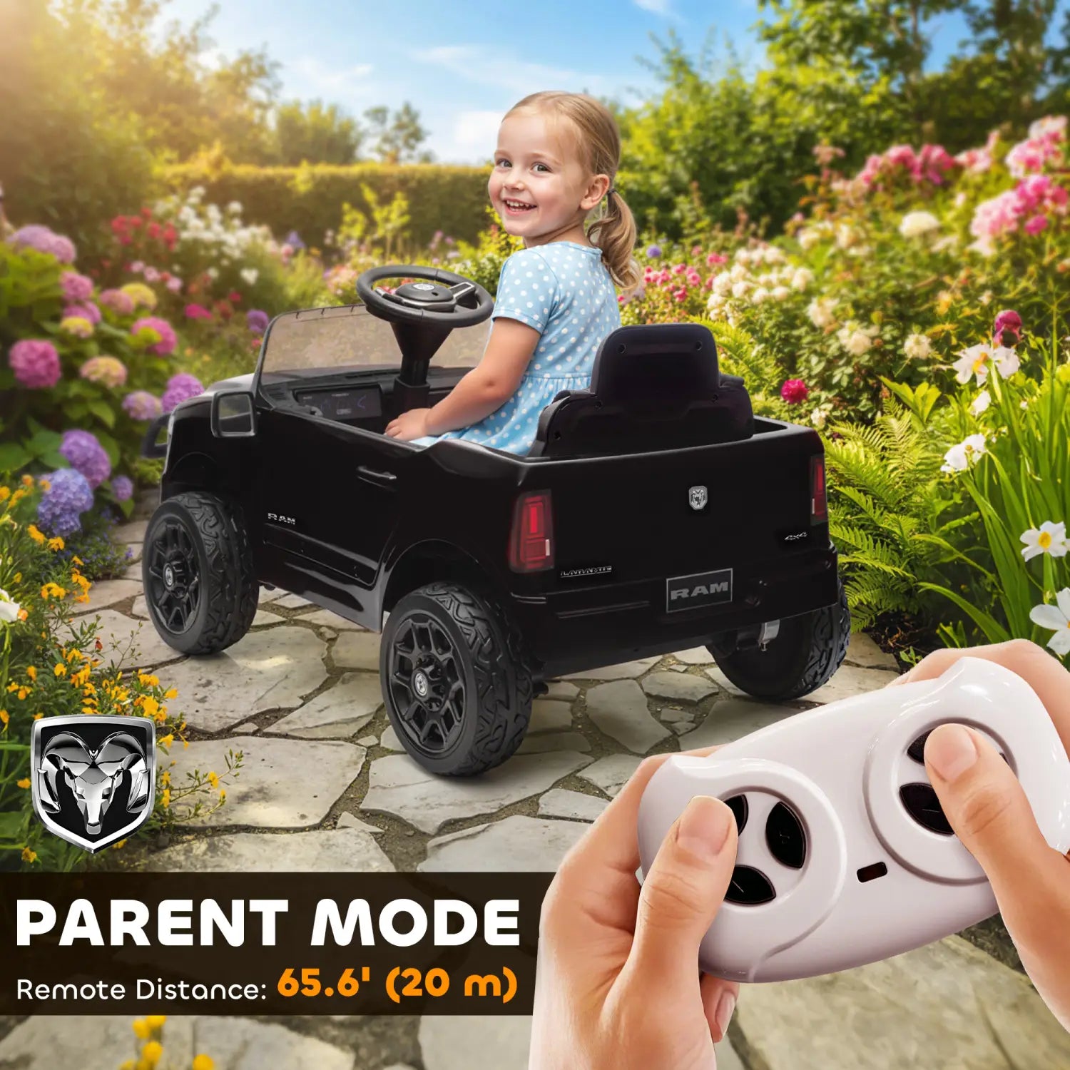 Voiture pour enfants Dodge Ram 3500 12 V électrique noire, avec télécommande, présentant une conception robuste, un logo Ram noir, des pneus et un volant.