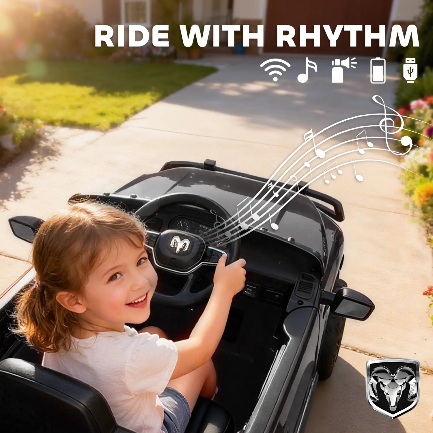 Voiture électrique pour enfants Dodge Ram 3500 12 V noire, avec logo Ram sur le volant et le rétroviseur latéral, conçue pour les jeunes enfants.