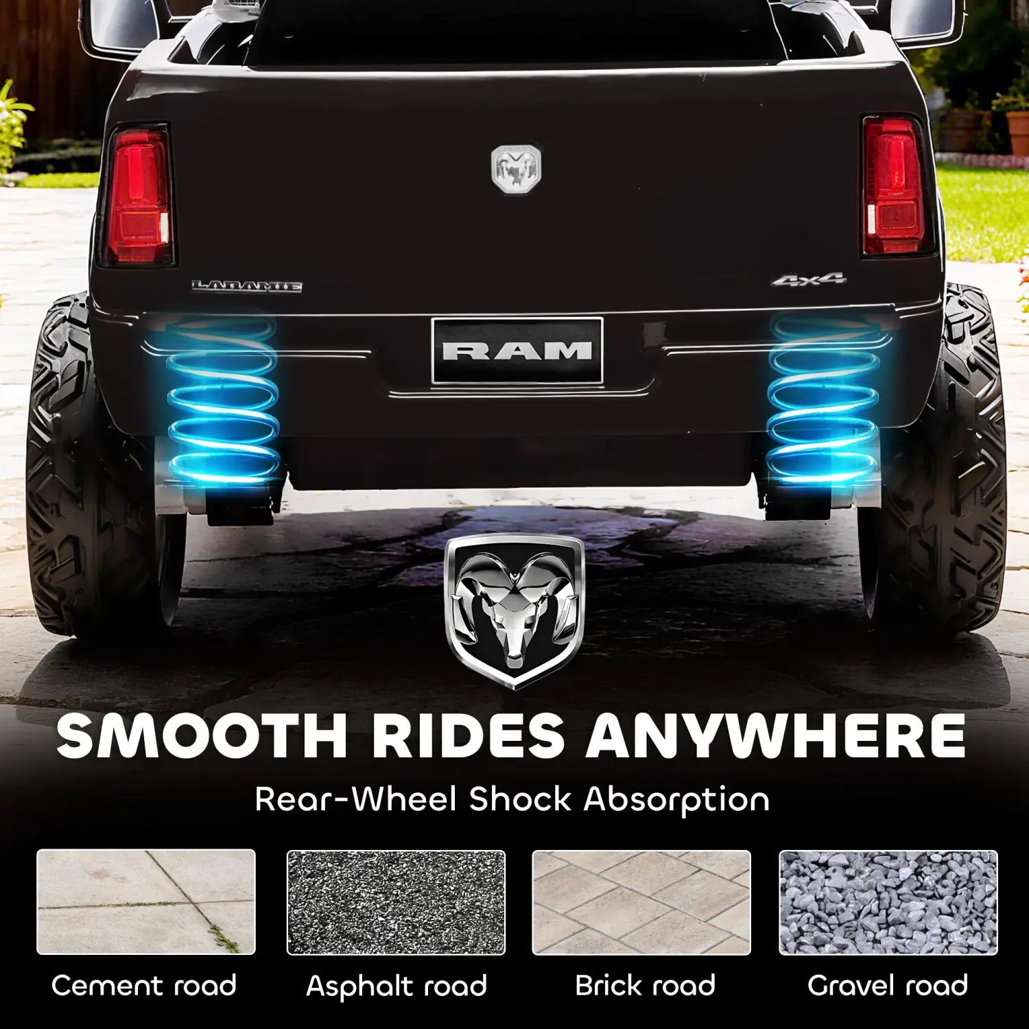 Voiture pour enfants Dodge Ram 3500 12 V électrique noire, avec ressorts à spirales bleus lumineux et emblème chromé en forme de tête de Ram.