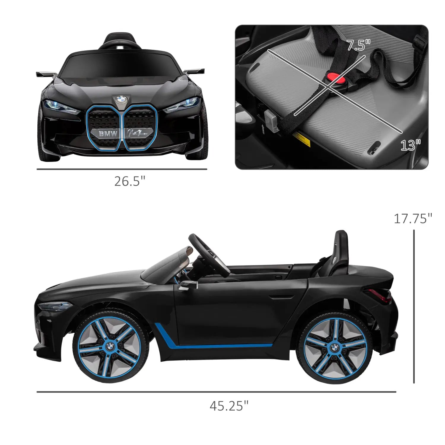 Black children’s 12v BMW ride on electric convertible toy car with remote control, blue accents, and detailed interior.